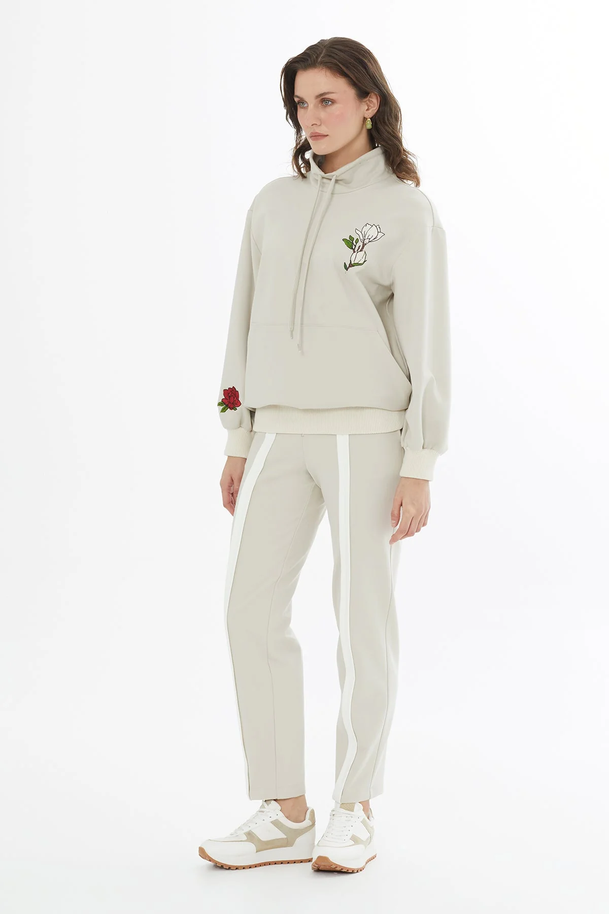 Beige Embroidered Drawstring Knit-Trim Sweatshirt - Image 4
