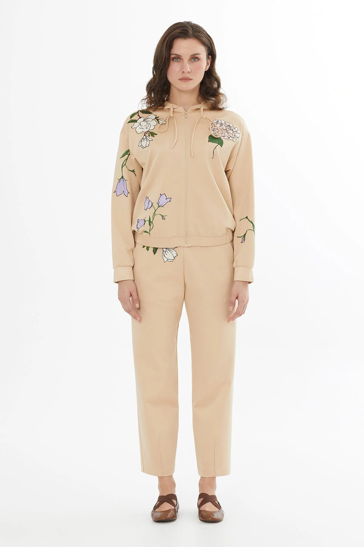 Beige Embroidered Drawstring Sweat