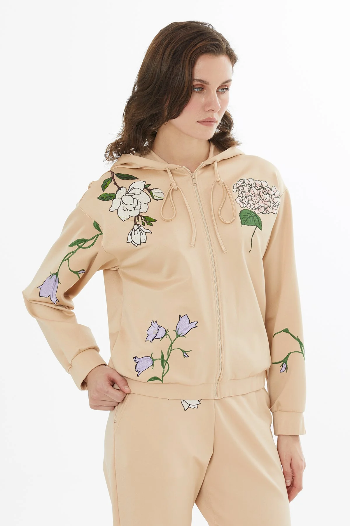 Beige Embroidered Drawstring Sweat - Image 3