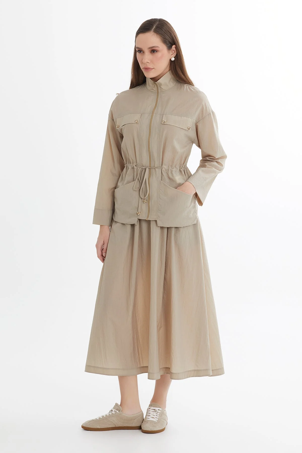 Beige Embroidered Jacket Skirt Set - Image 3