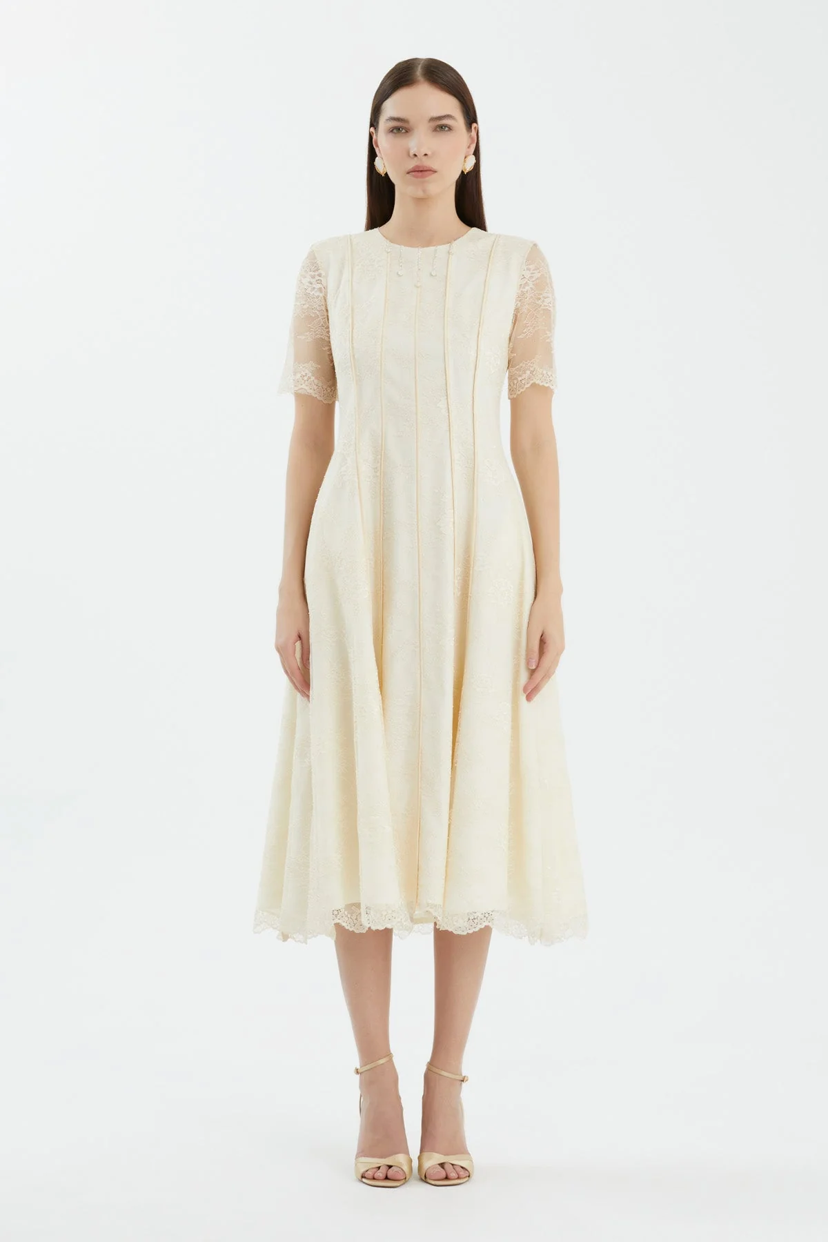Beige Embroidered Lace Detailed Midi Dress