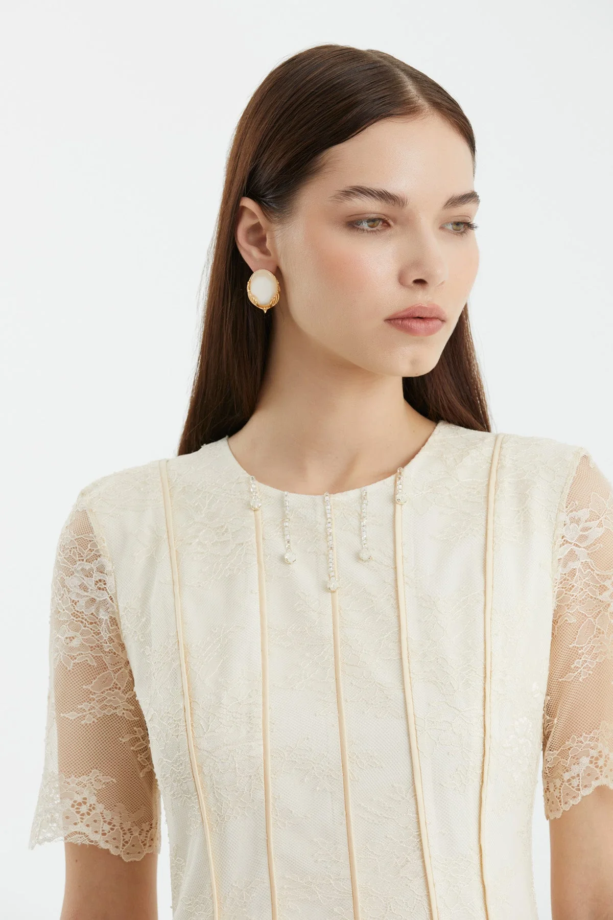 Beige Embroidered Lace Detailed Midi Dress - Image 2