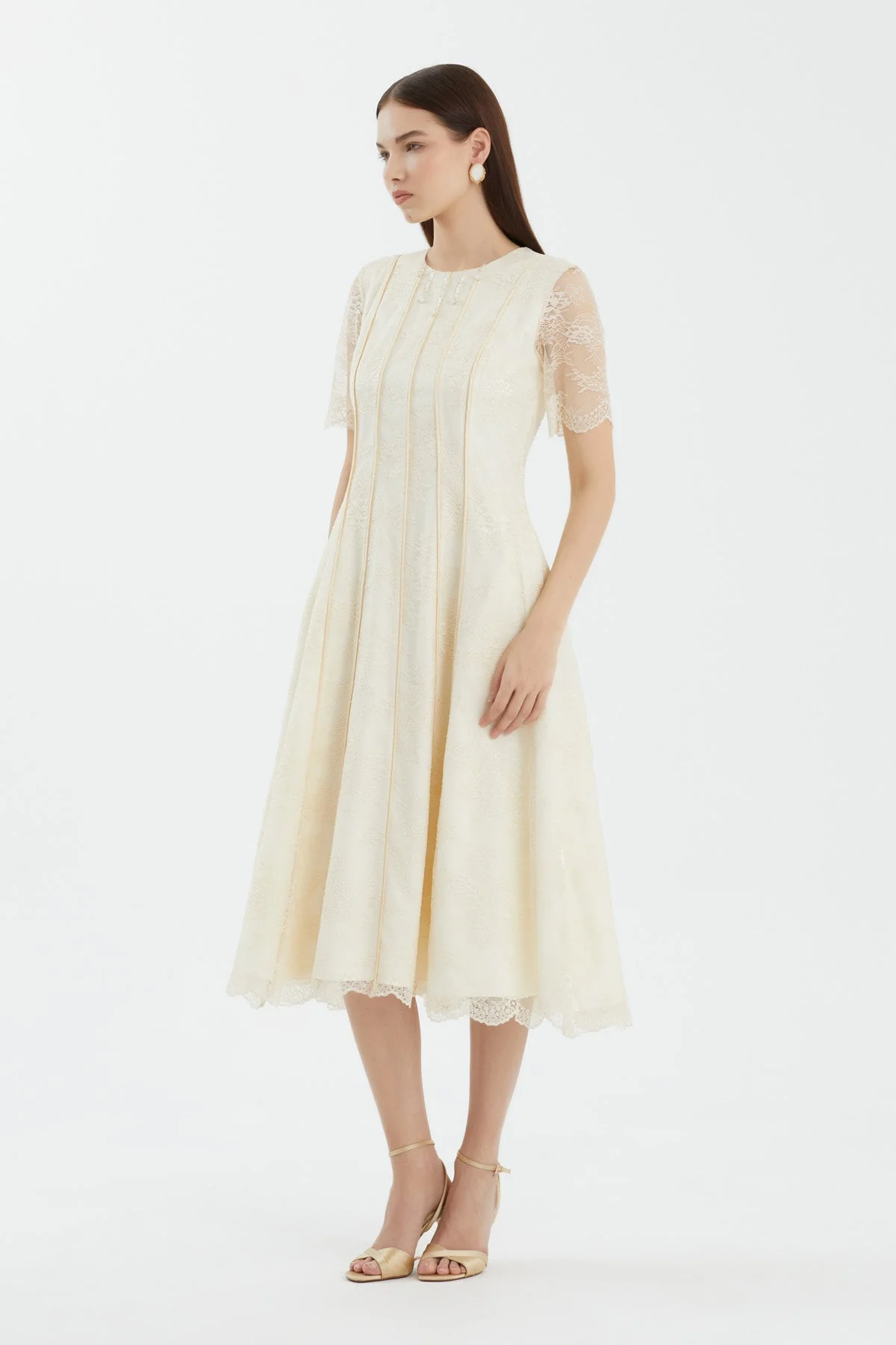 Beige Embroidered Lace Detailed Midi Dress - Image 3