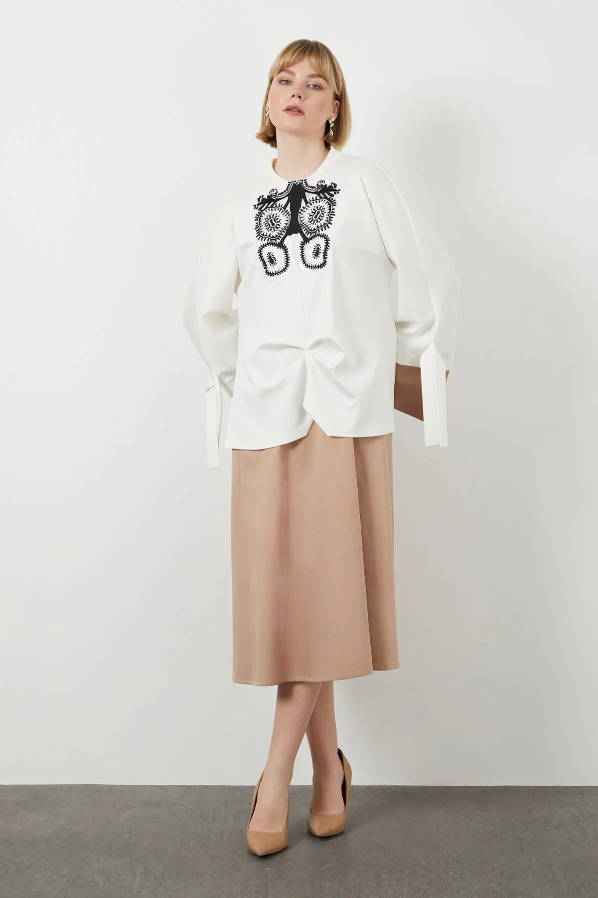 Beige Embroidered Midi Dress - Image 2