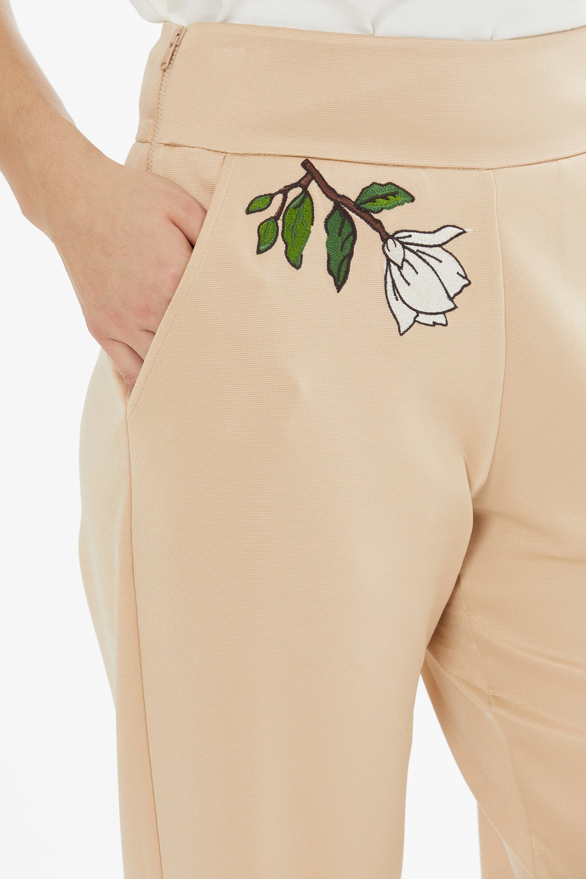 Beige Embroidered Pleat-Front Sweatpants - Image 2