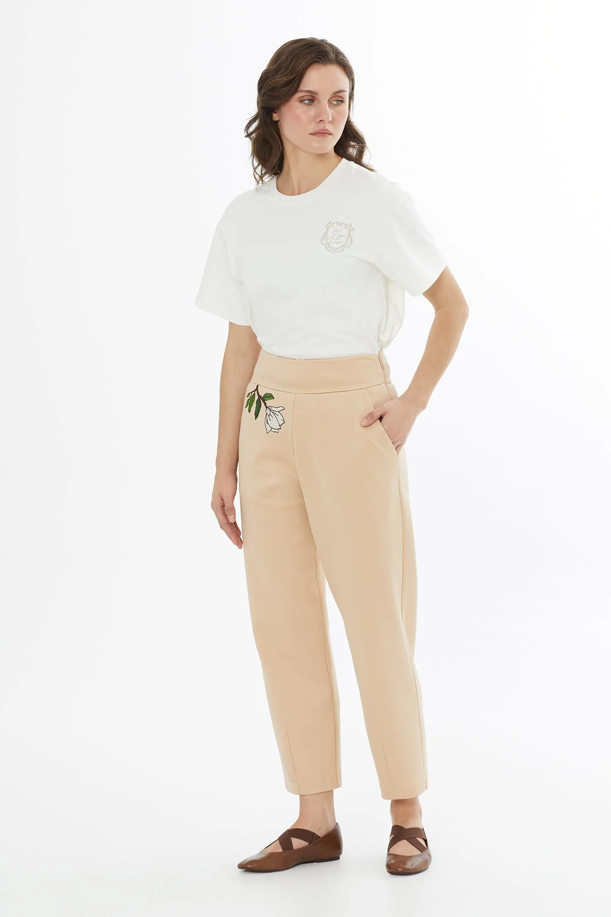 Beige Embroidered Pleat-Front Sweatpants - Image 4