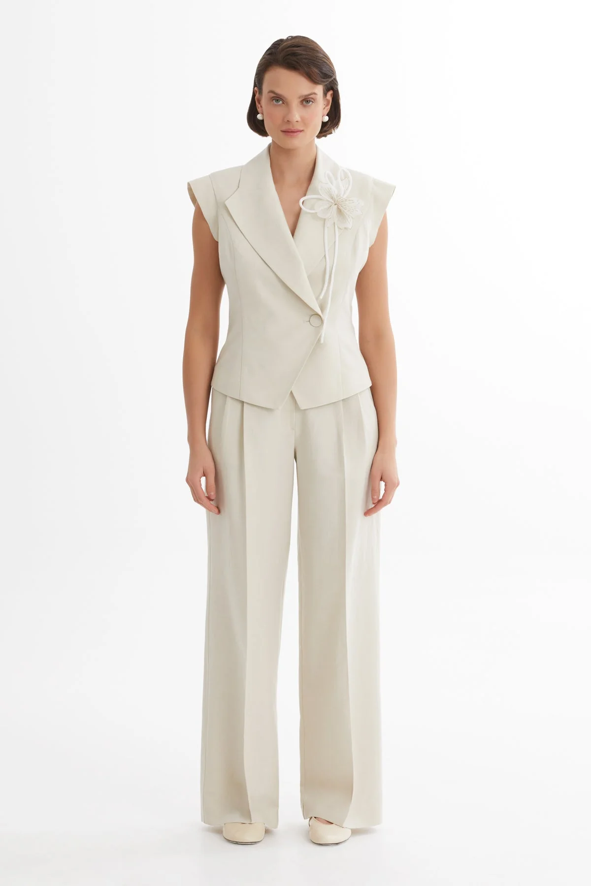 Beige Floral Brooch Vest Trouser Set