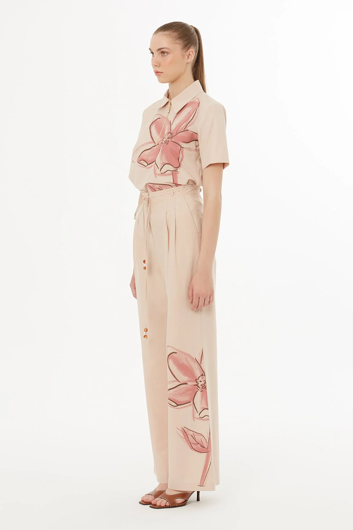 Beige Floral Print Detail Woven Pants - Image 3