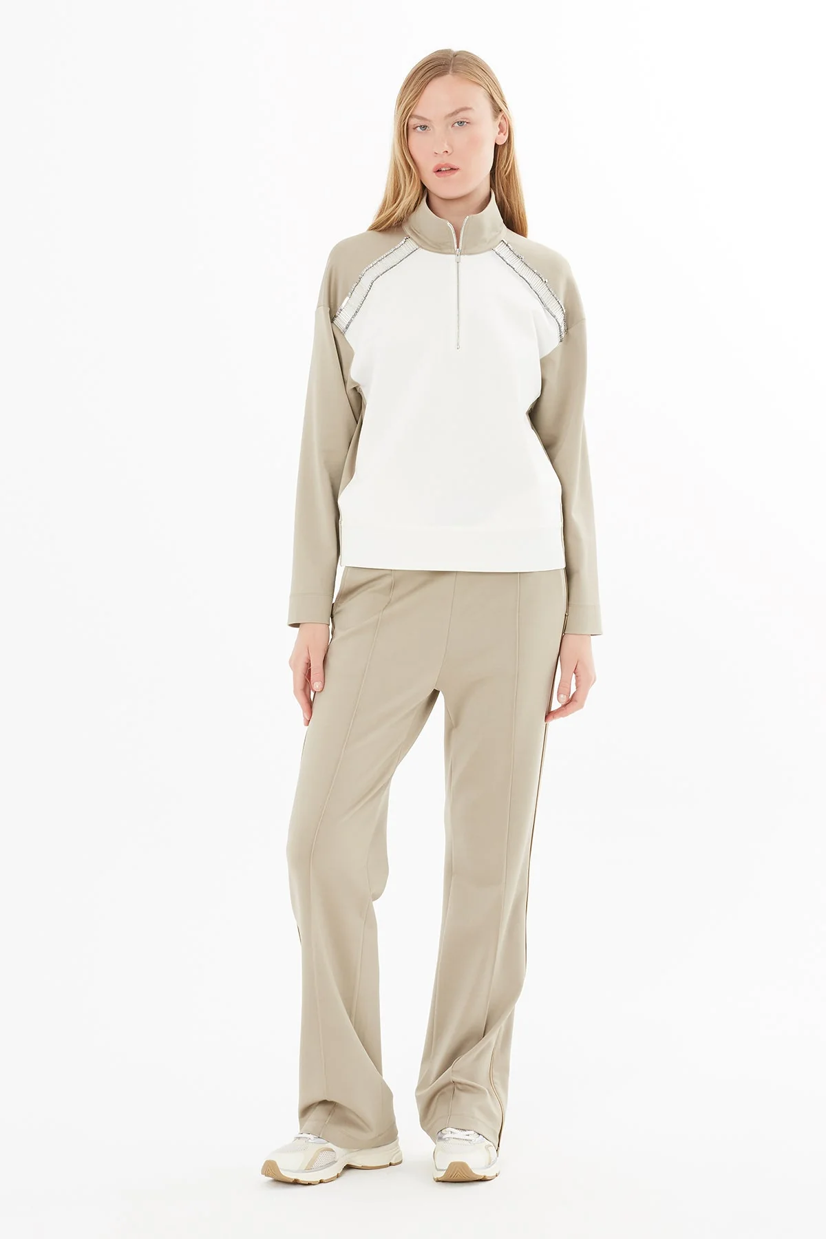 Beige High-Neck Blouse with Zipper