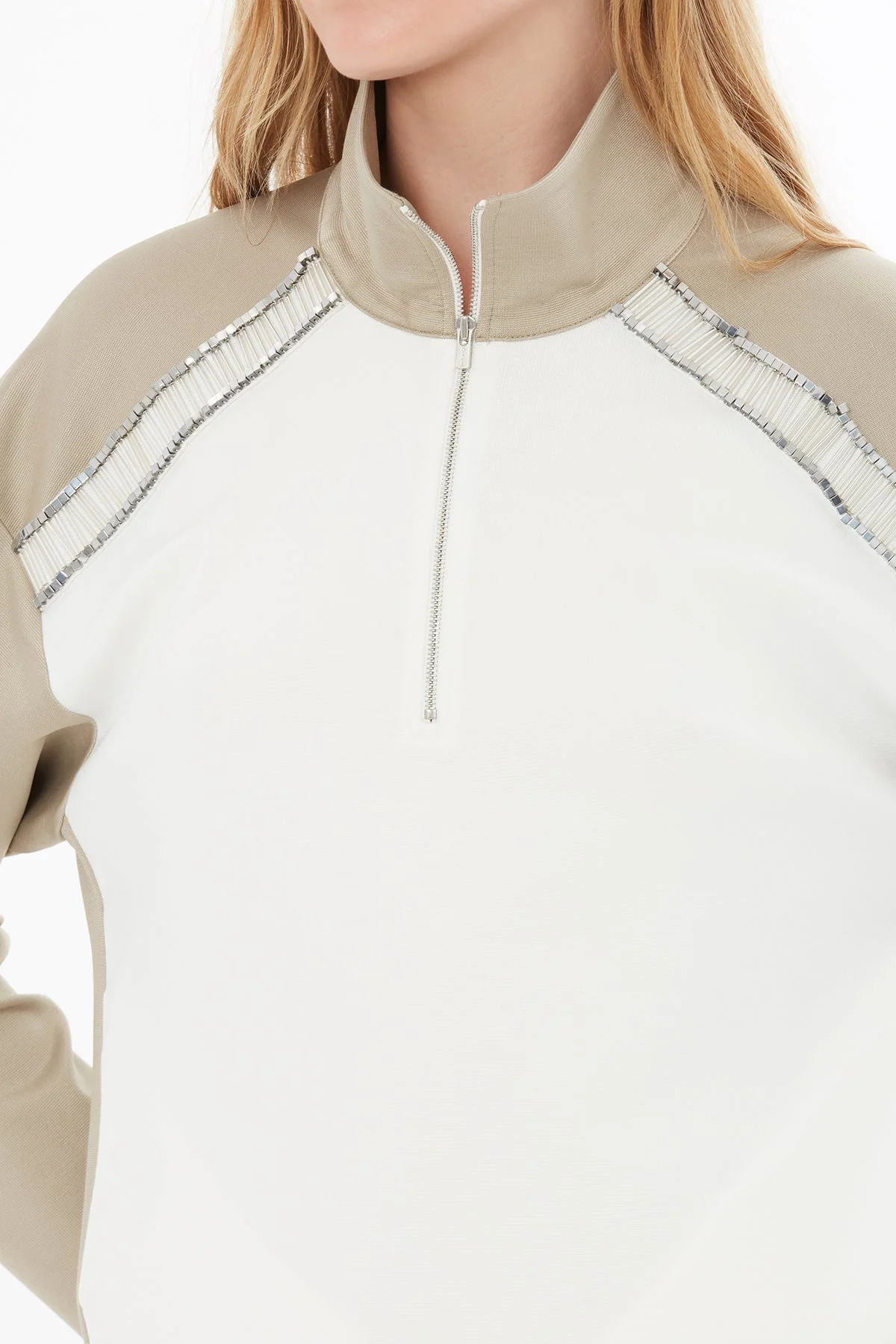 Beige High-Neck Blouse with Zipper - Image 2
