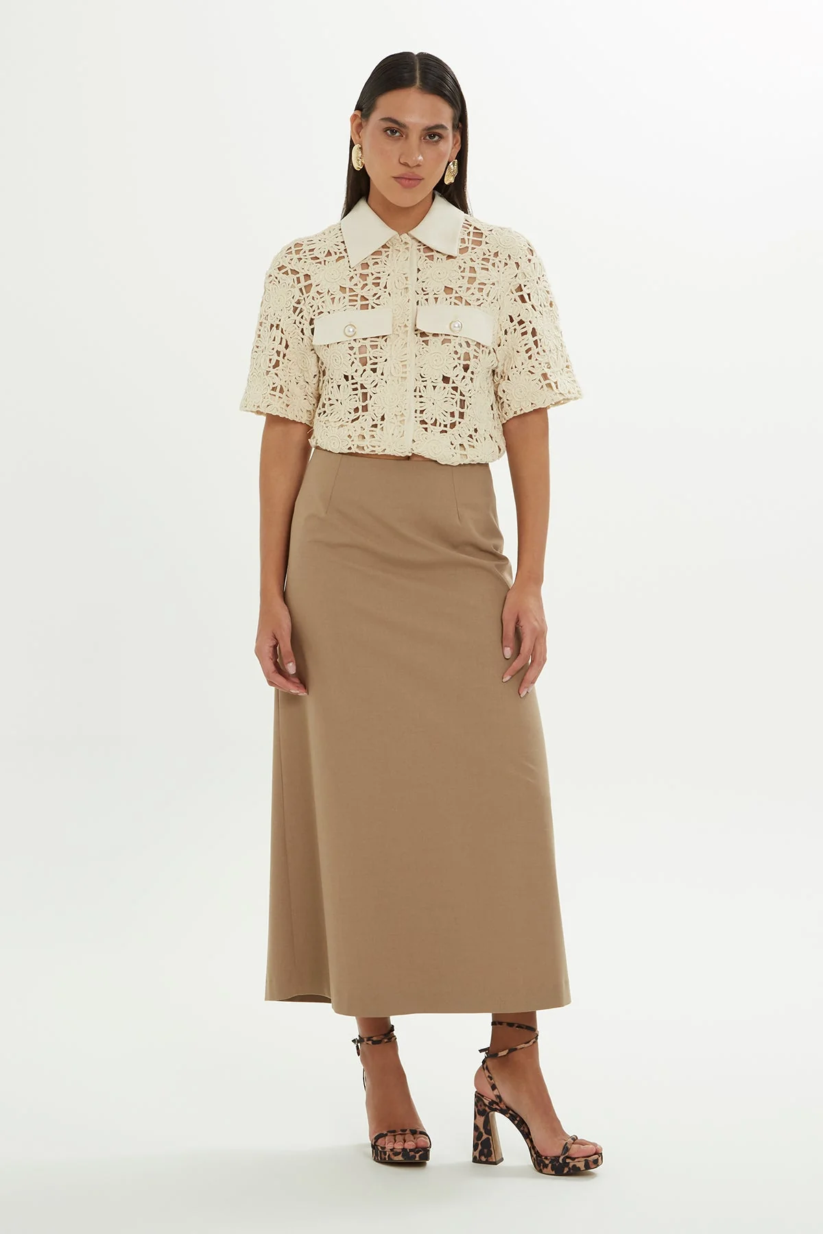 Beige High-Waist Midi Skirt