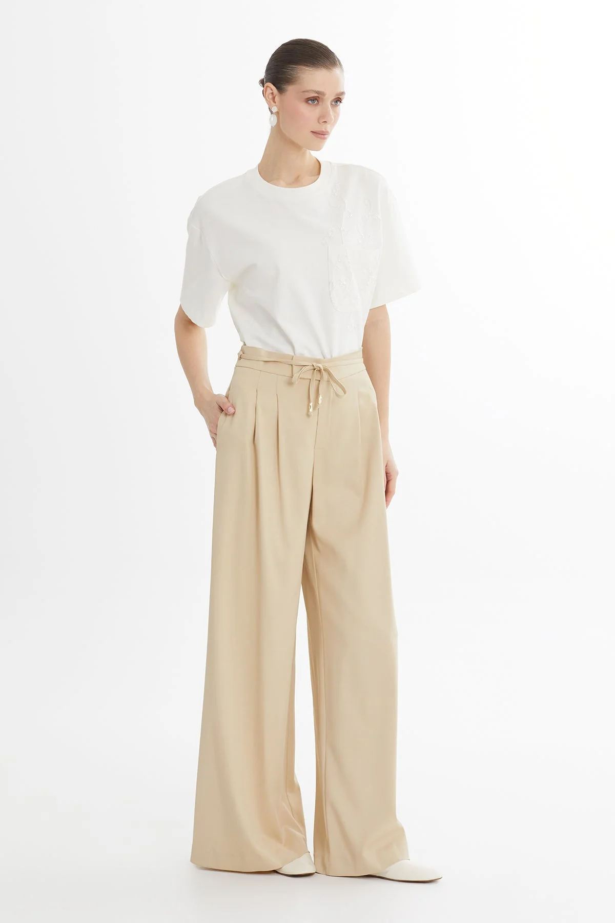 Beige High-Waist Wide-Leg Trousers - Image 3