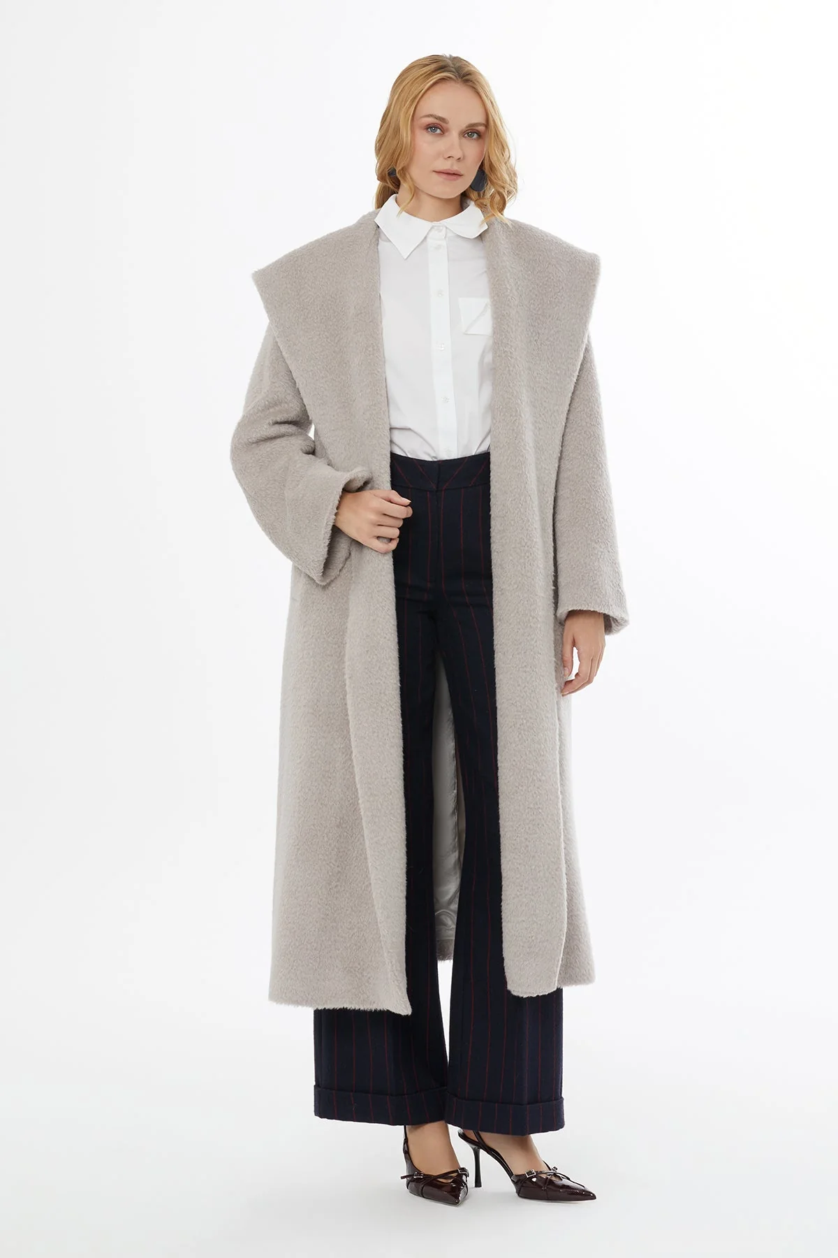 Beige Hooded Coat with Belt Closure