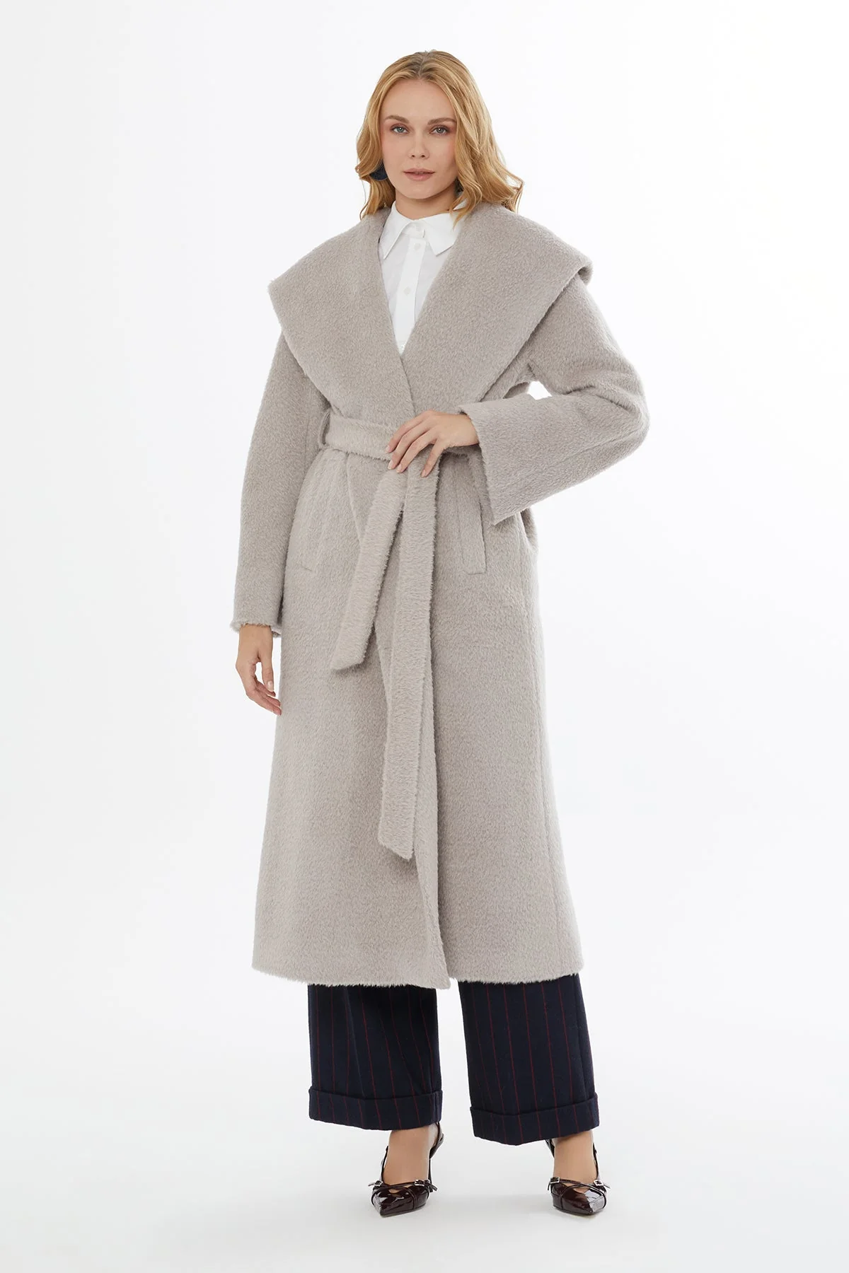 Beige Hooded Coat with Belt Closure - Image 3