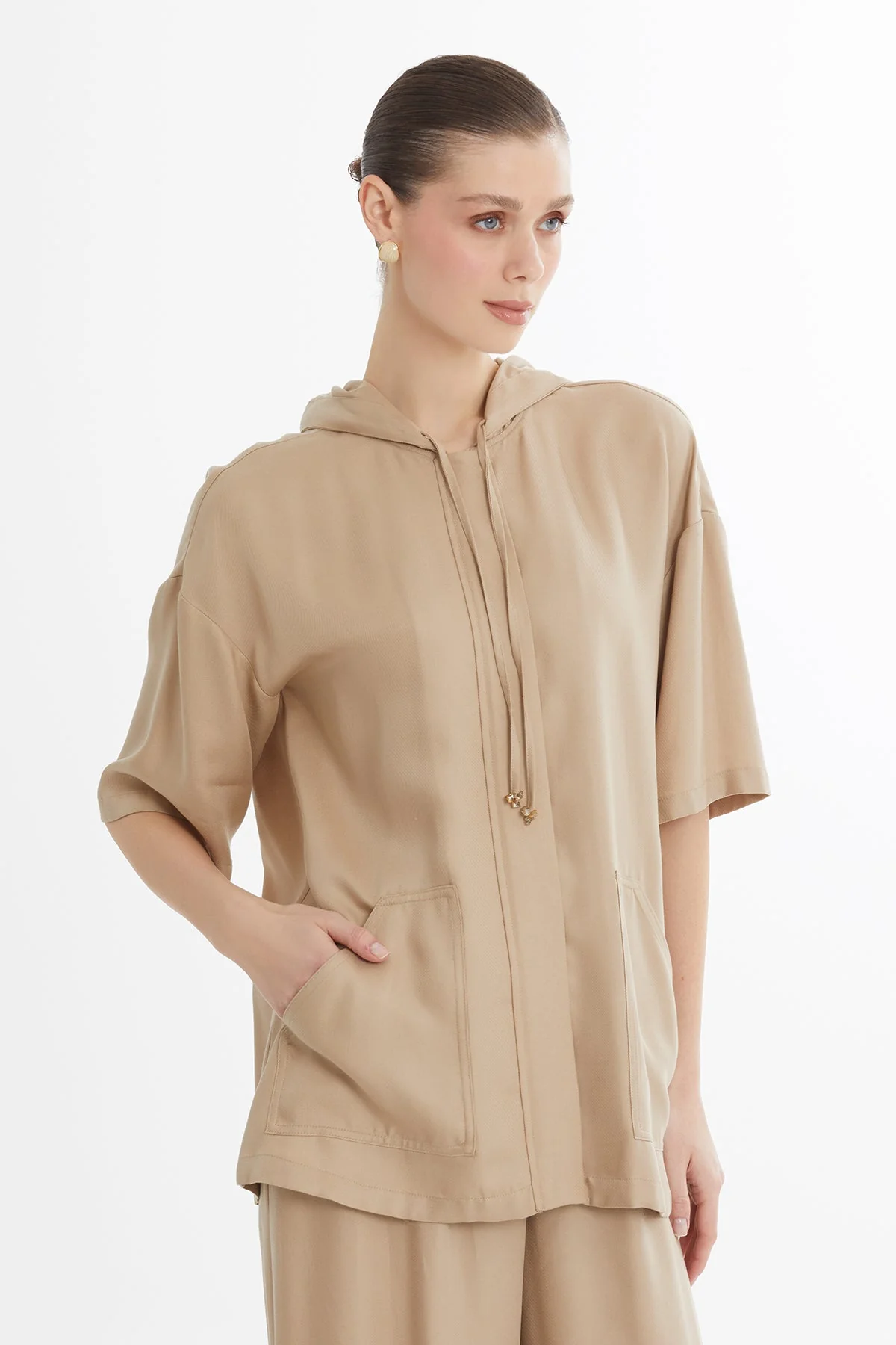 Beige Hooded Embroidered Relaxed Sweat Set - Image 2
