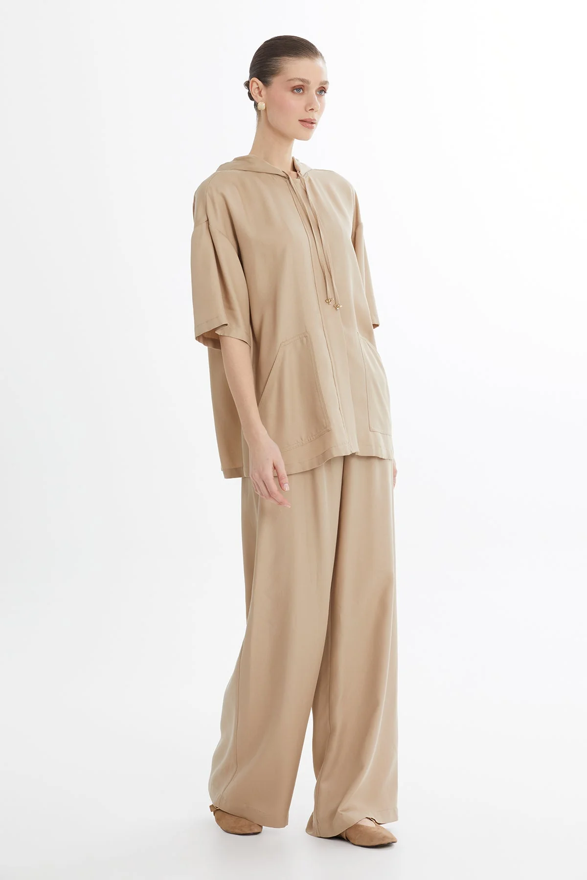 Beige Hooded Embroidered Relaxed Sweat Set - Image 4