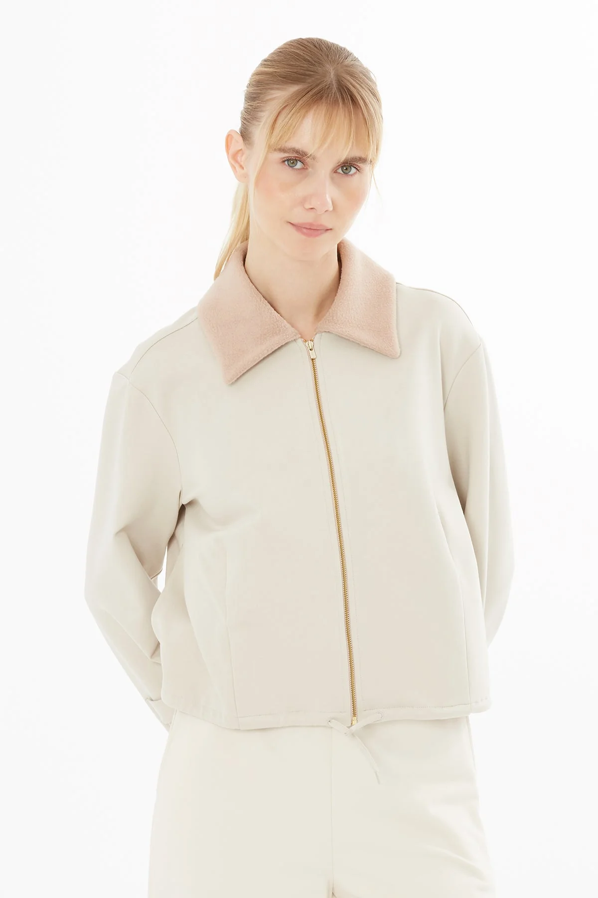 Beige Jacket with Knitted Collar Detail