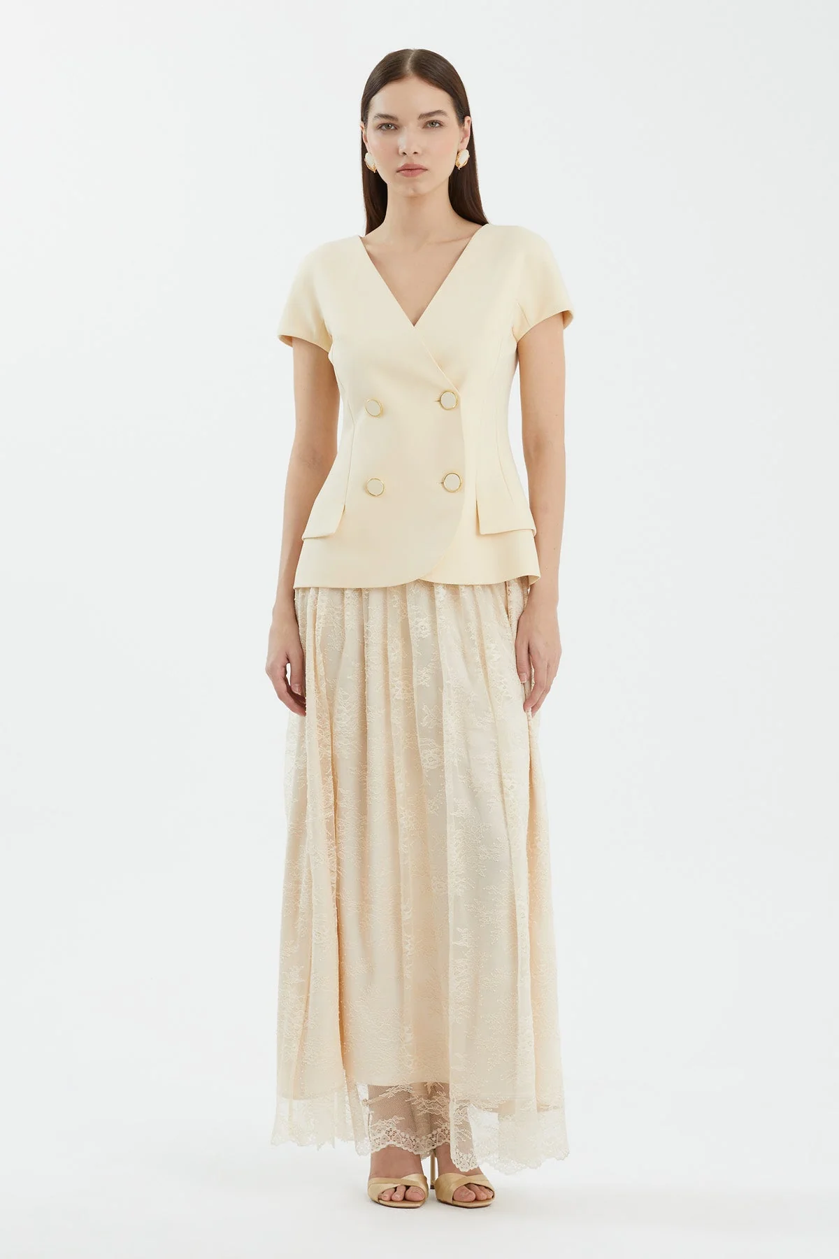 Beige Lace Skirt Vest Set