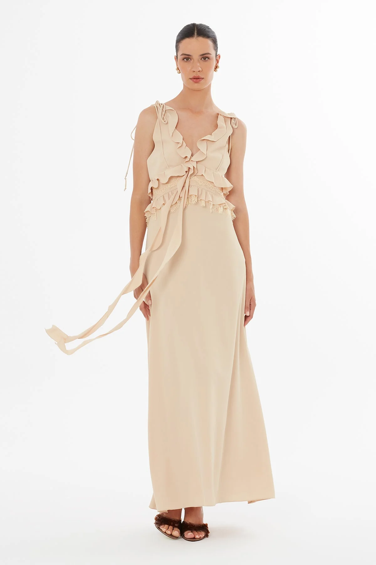 Beige Lace-Up Detail Dress