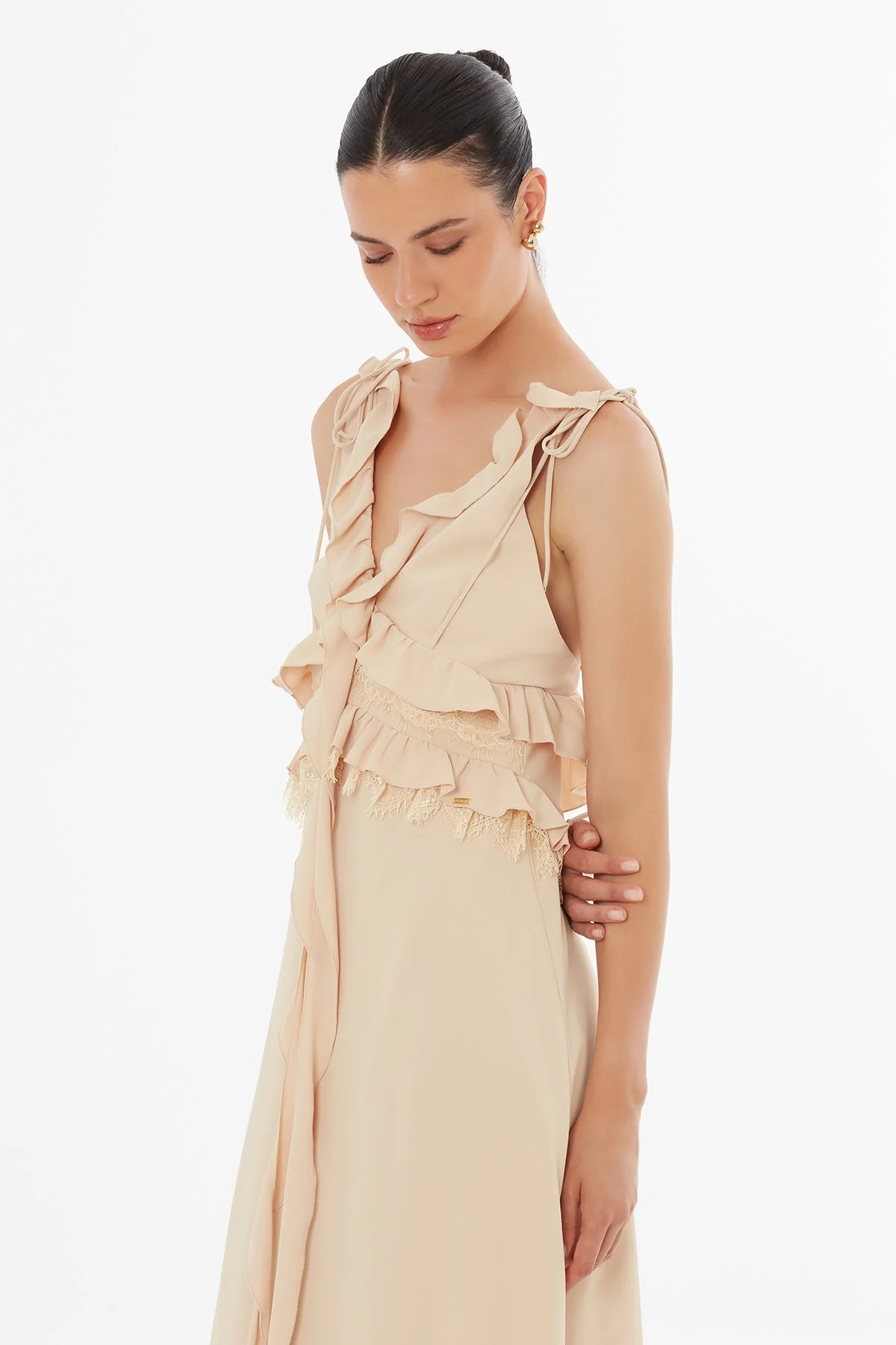 Beige Lace-Up Detail Dress - Image 2