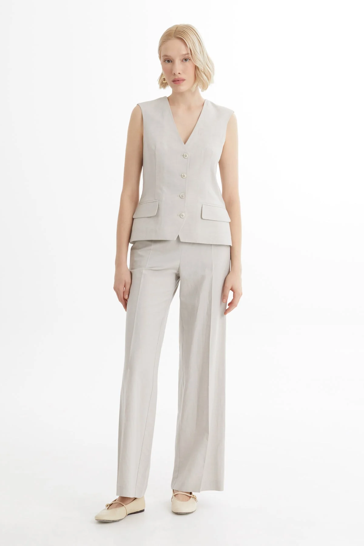 Beige Linen-Blend Vest and Pants Set