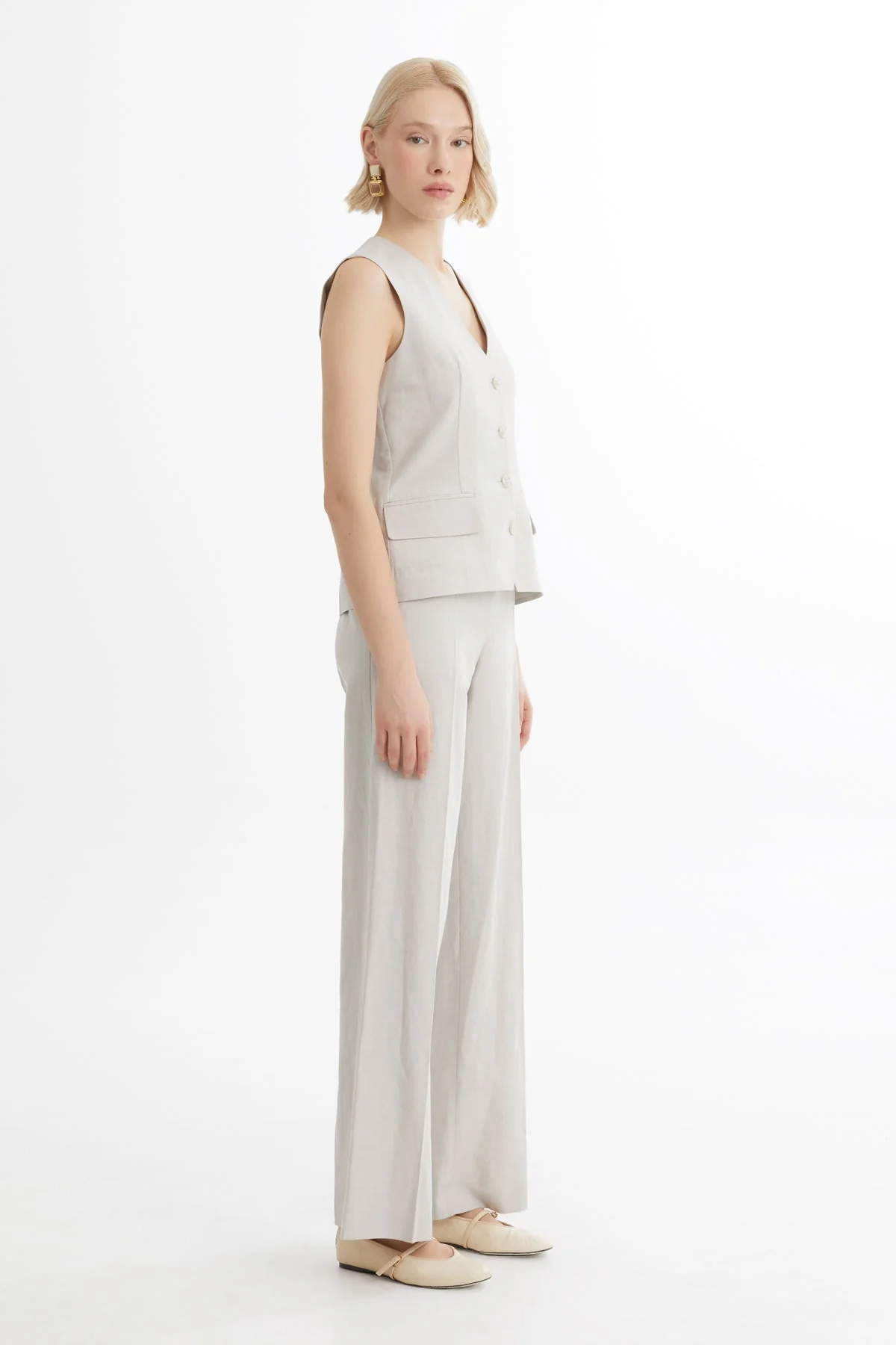 Beige Linen-Blend Vest and Pants Set - Image 3
