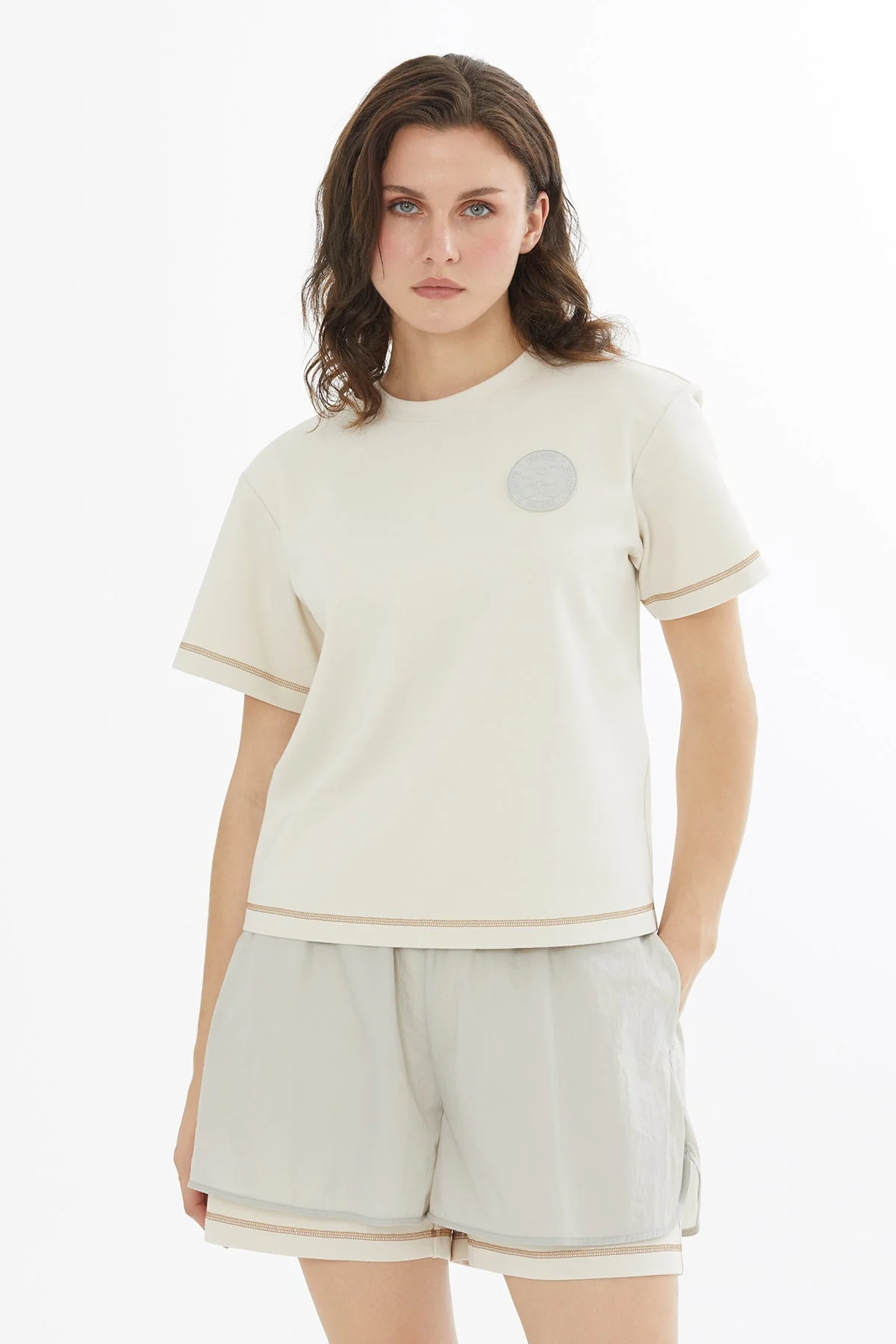 Beige Logo Label Detailed Topstitched T-Shirt - Image 3