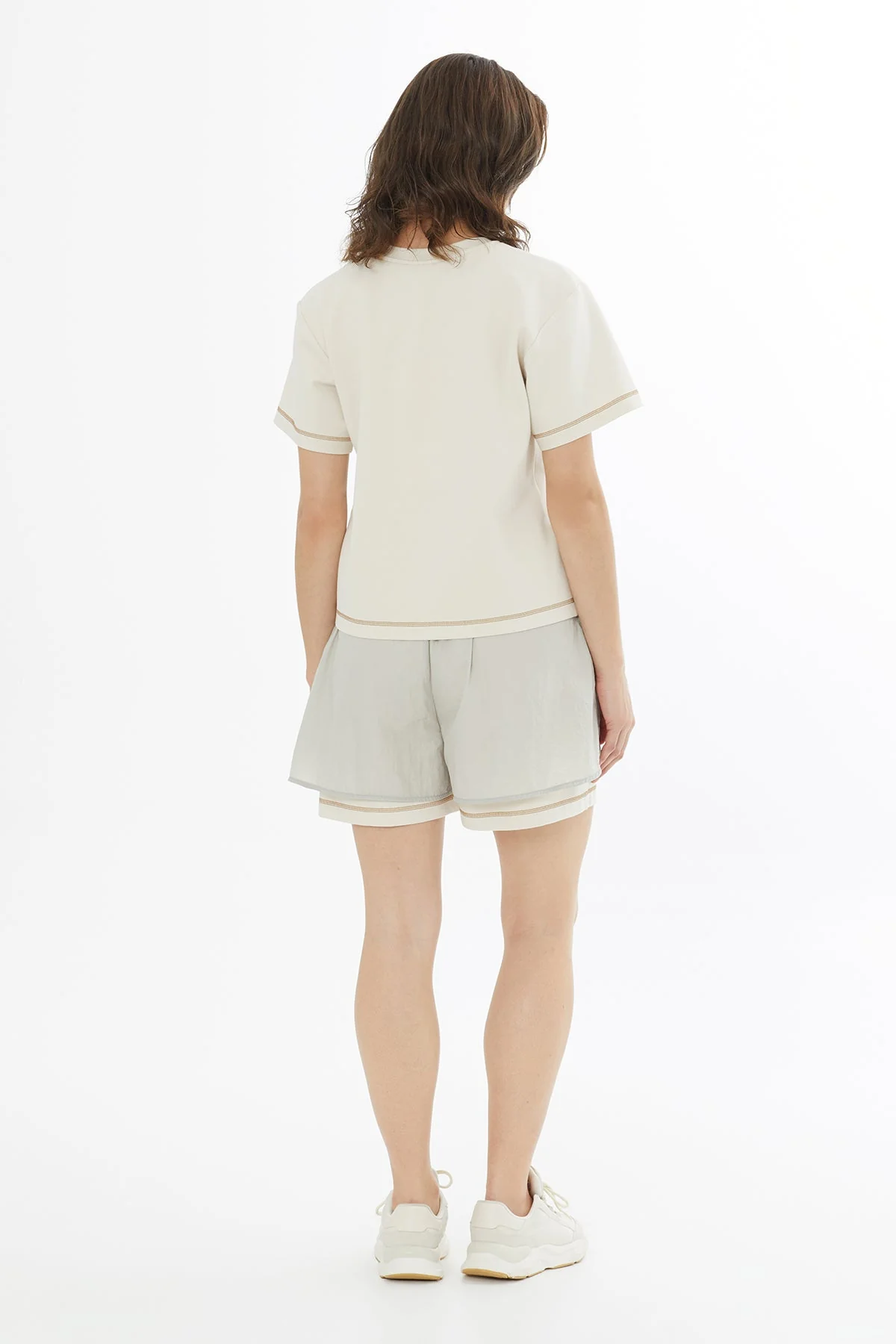Beige Logo Label Detailed Topstitched T-Shirt - Image 4