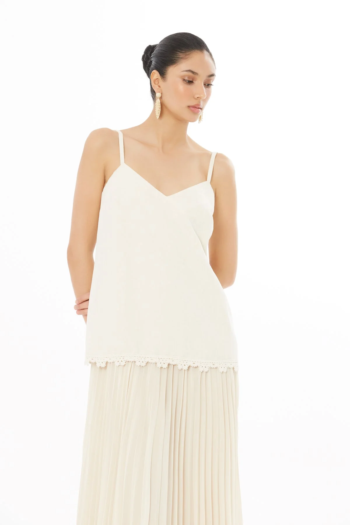 Beige Long Dress with Pleated Detail - Image 2
