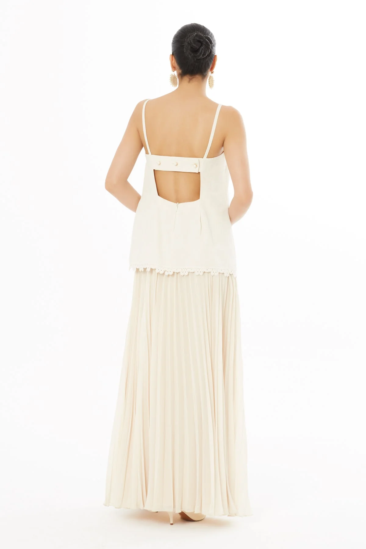 Beige Long Dress with Pleated Detail - Image 4