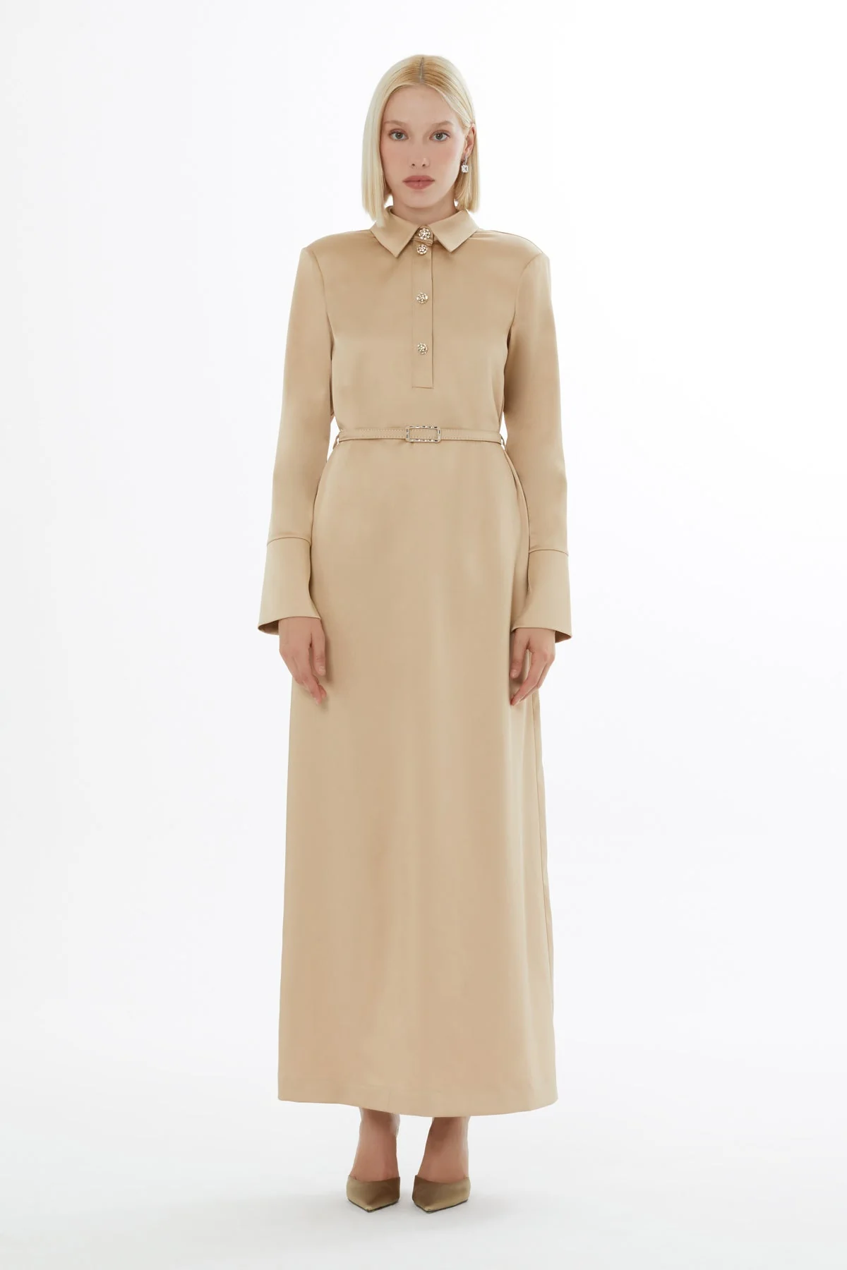 Beige Long-Sleeved Maxi Dress