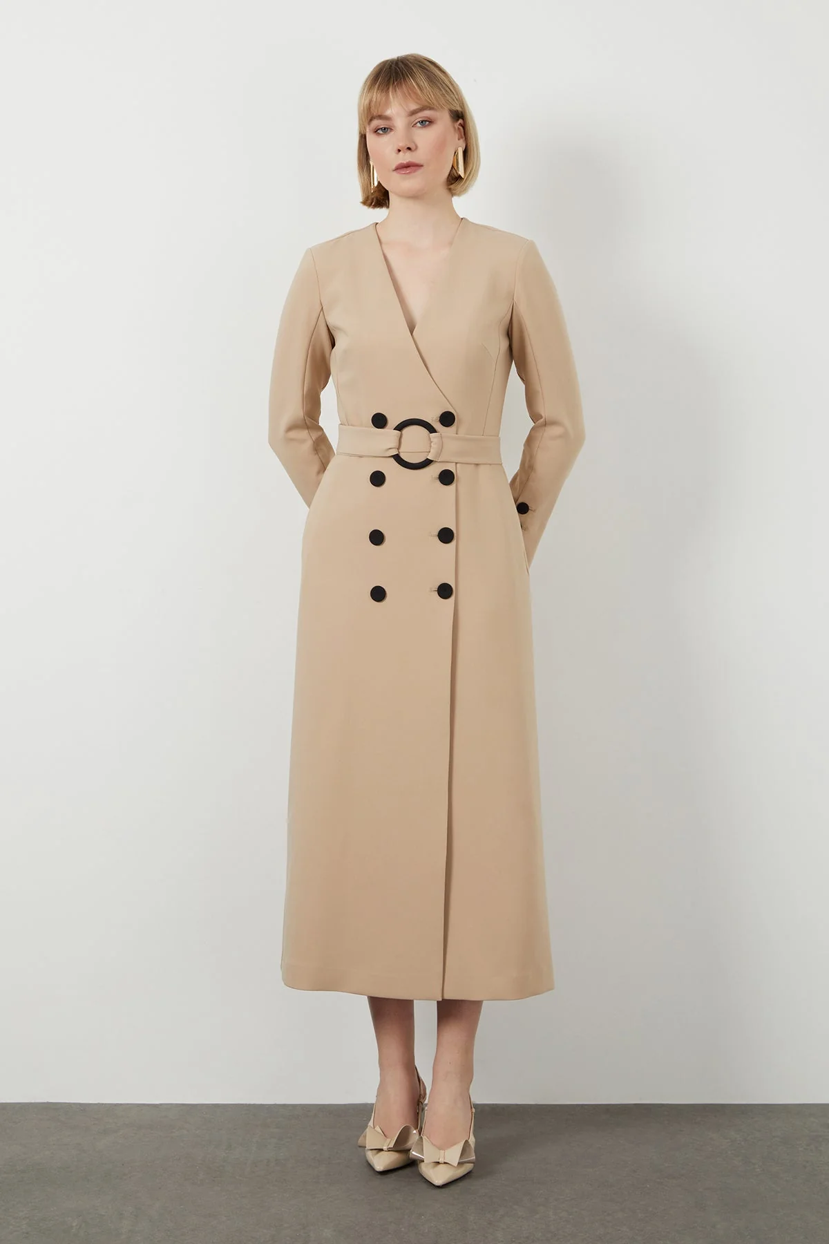 Beige Midi Belted Dress - Image 3