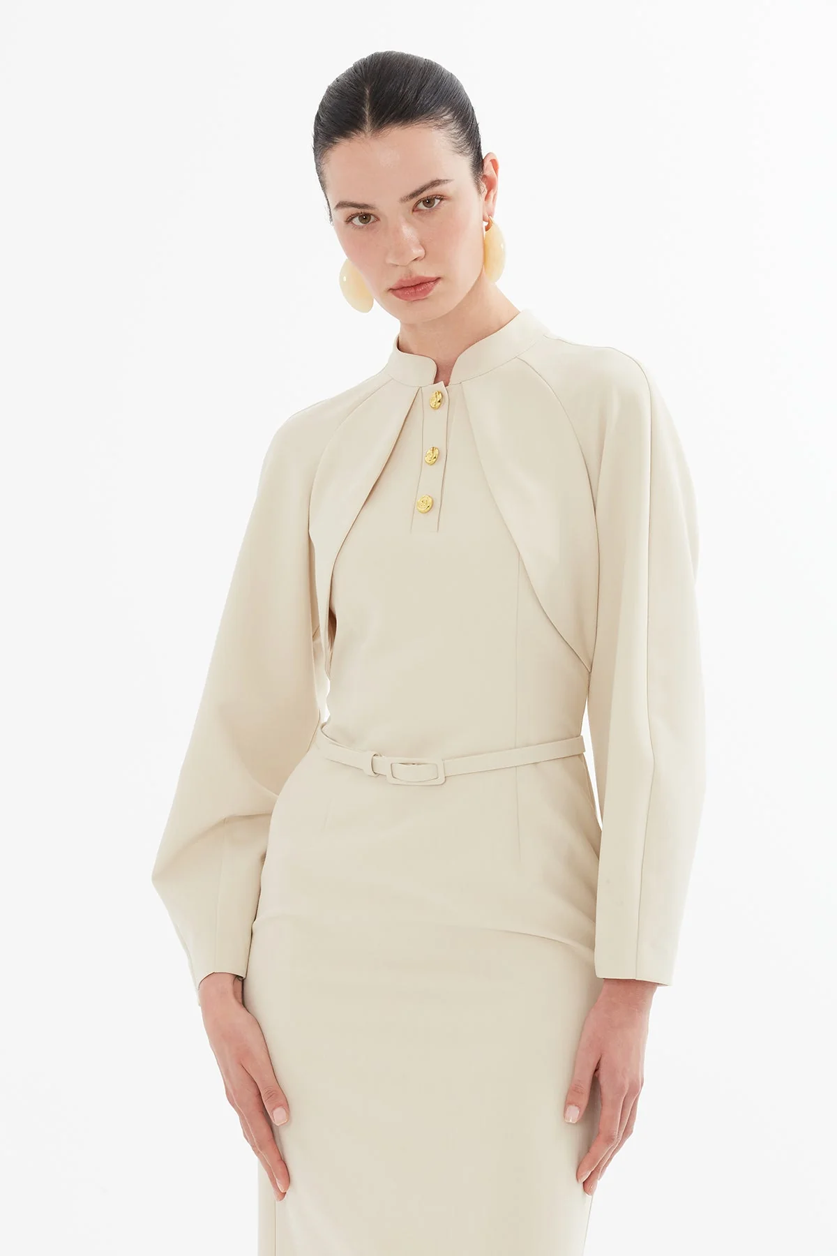 Beige Midi Dress with Buttoned Belt - Image 3