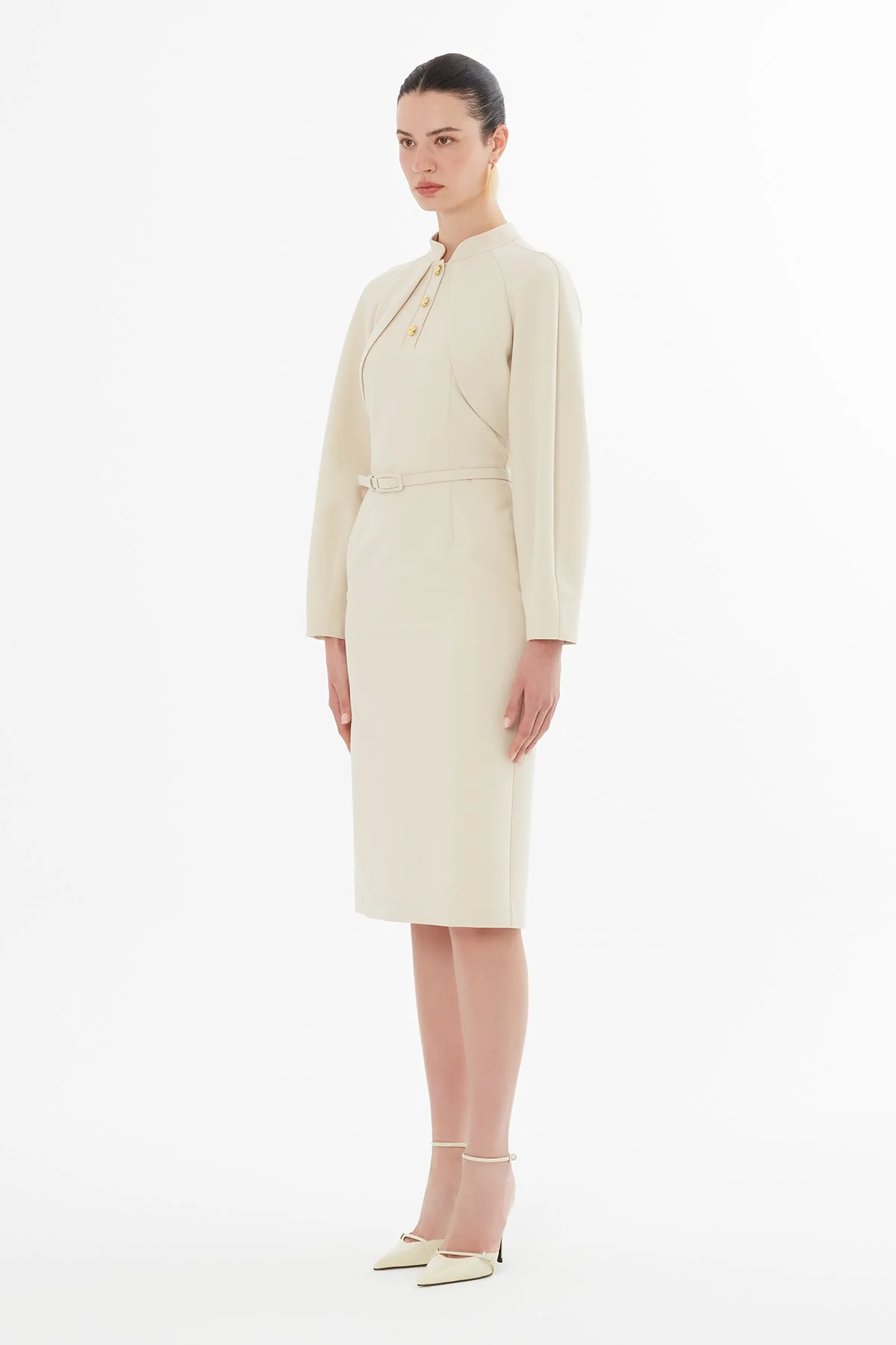 Beige Midi Dress with Buttoned Belt - Image 4