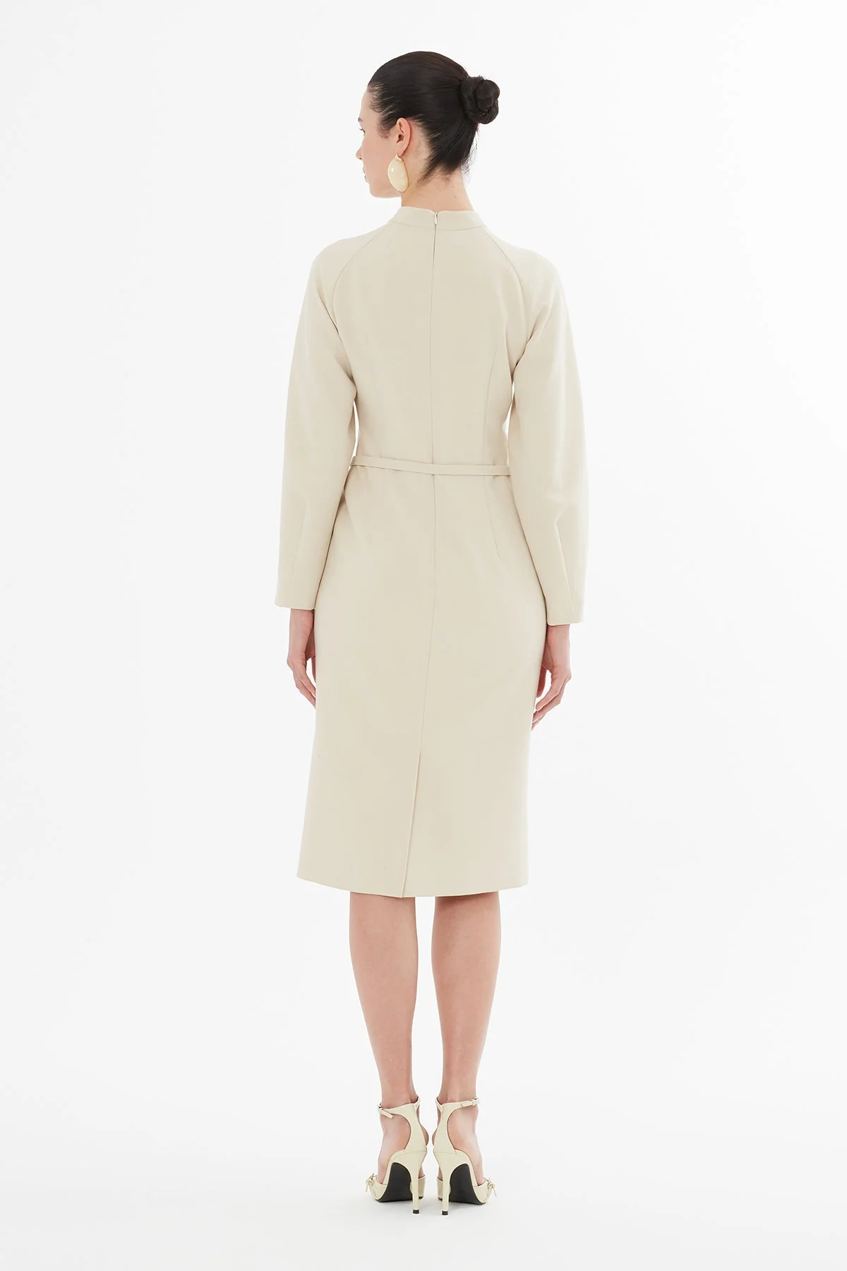 Beige Midi Dress with Buttoned Belt - Image 5