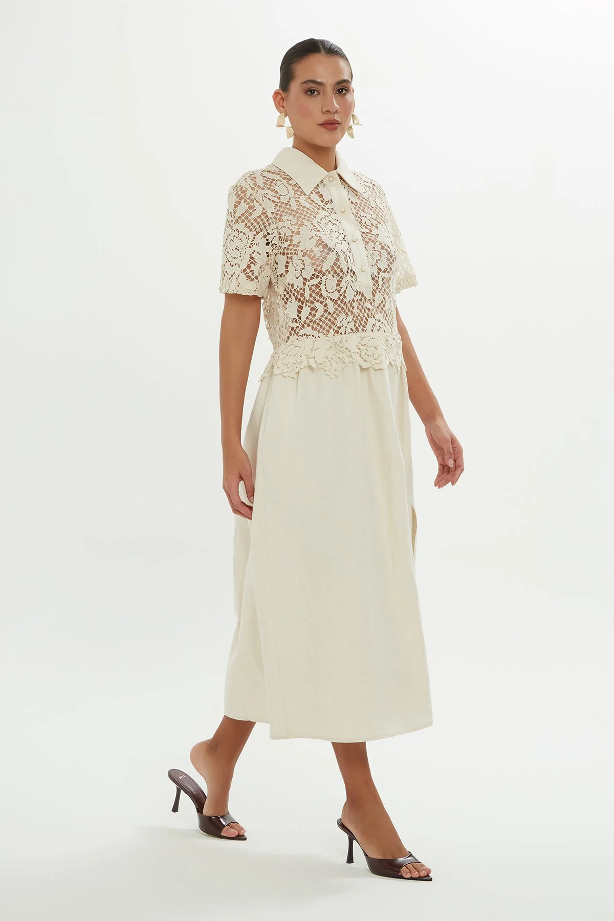 Beige Midi Dress with Lace Detail - Image 4