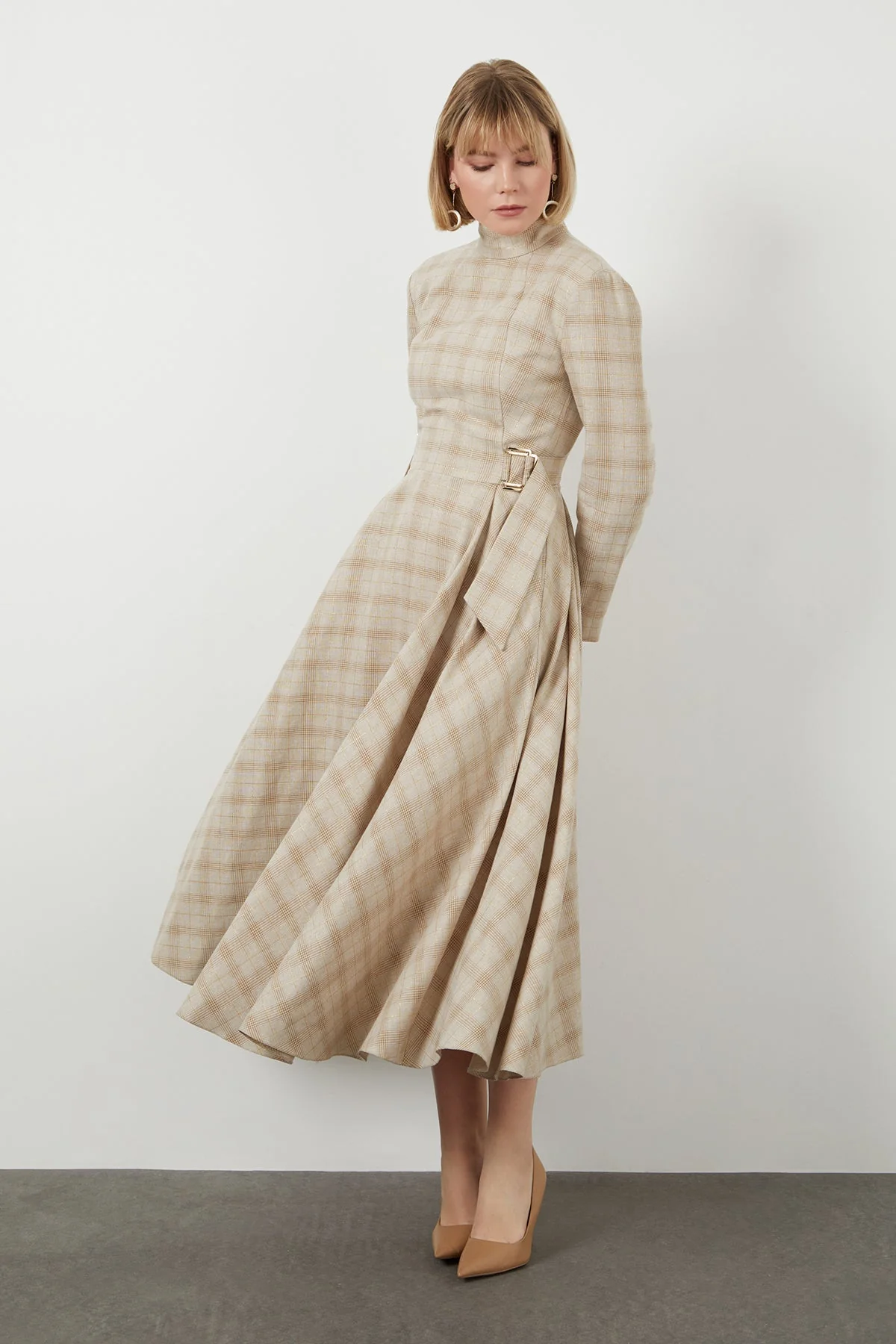 Beige Midi High Collar Dress - Image 3