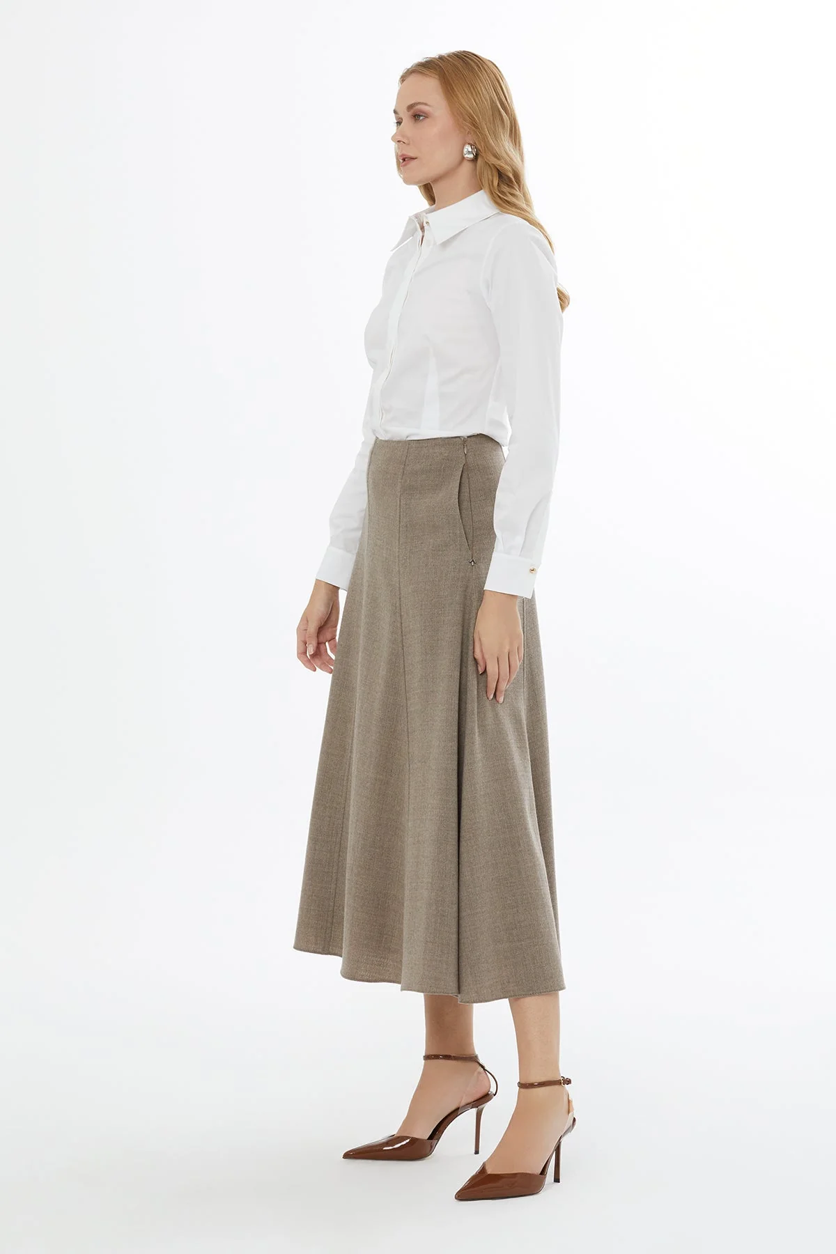 Beige Midi Skirt with Hidden Zipper - Image 3