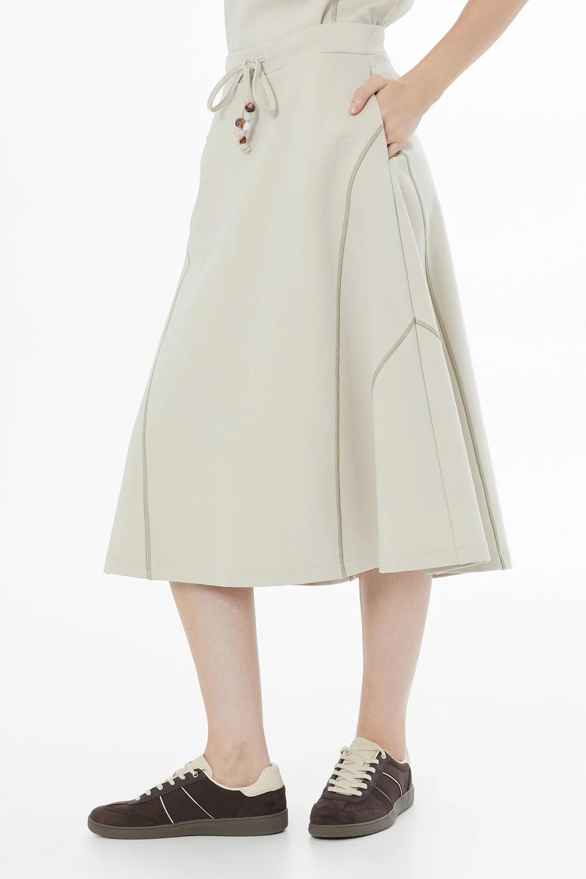 Beige Modern A-Line Midi Skirt - Image 3