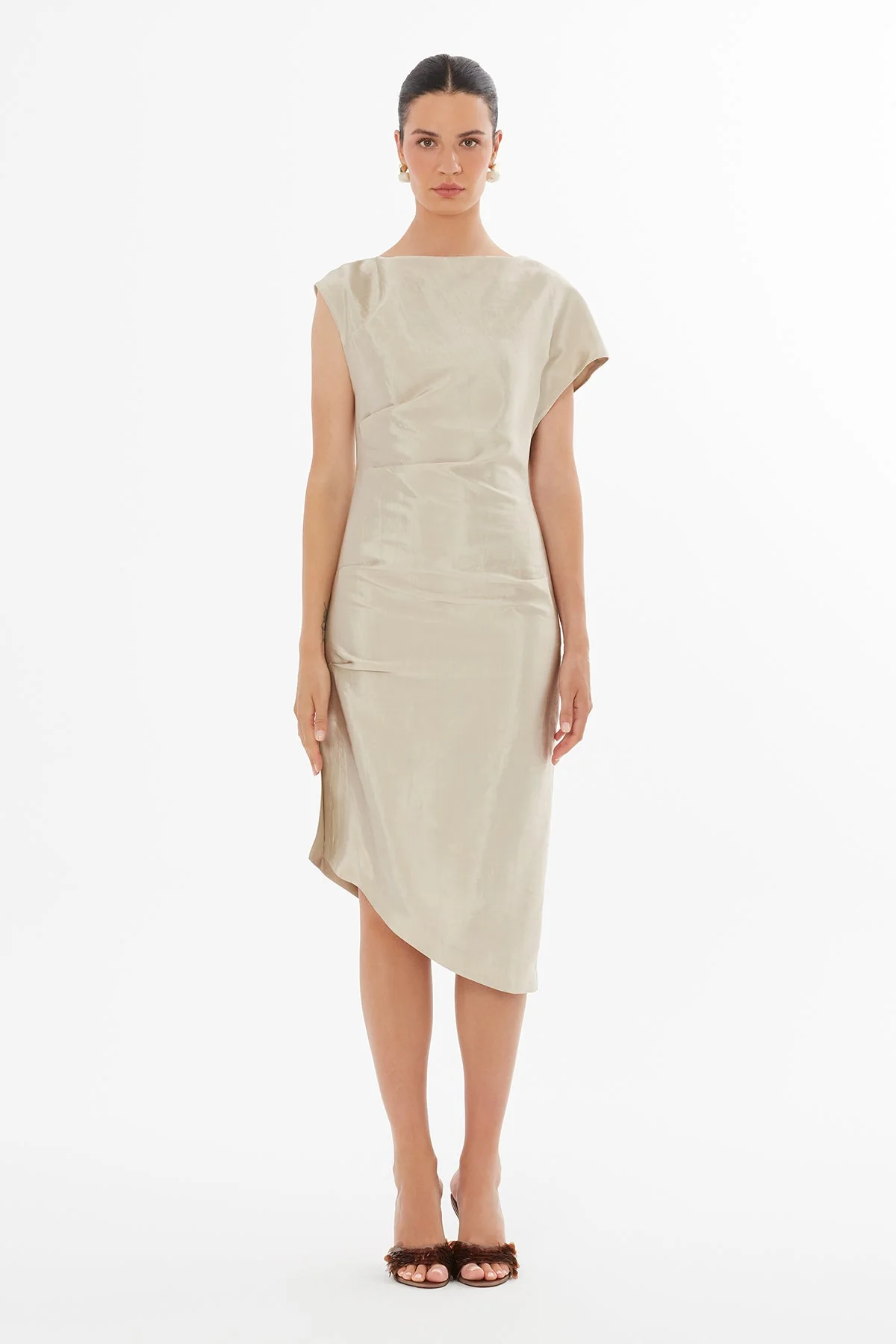 Beige Off-Shoulder Asymmetric Midi Dress