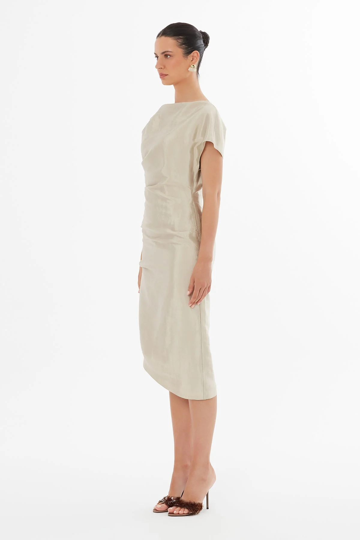 Beige Off-Shoulder Asymmetric Midi Dress - Image 3