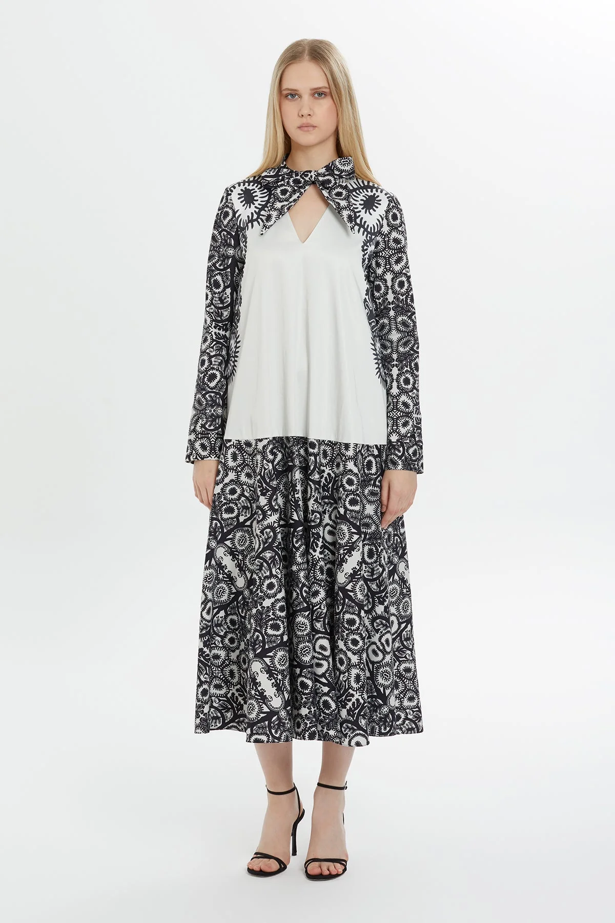 Beige Patterned Midi Dress