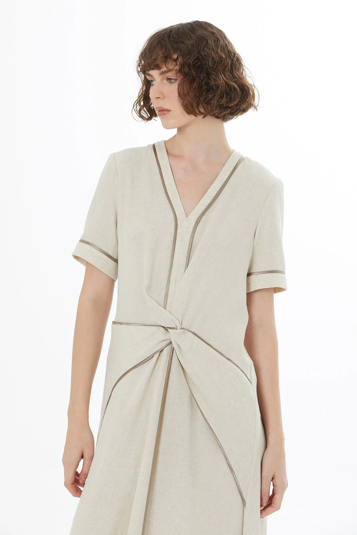 Beige Piped Detail Linen Maxi Dress - Image 2