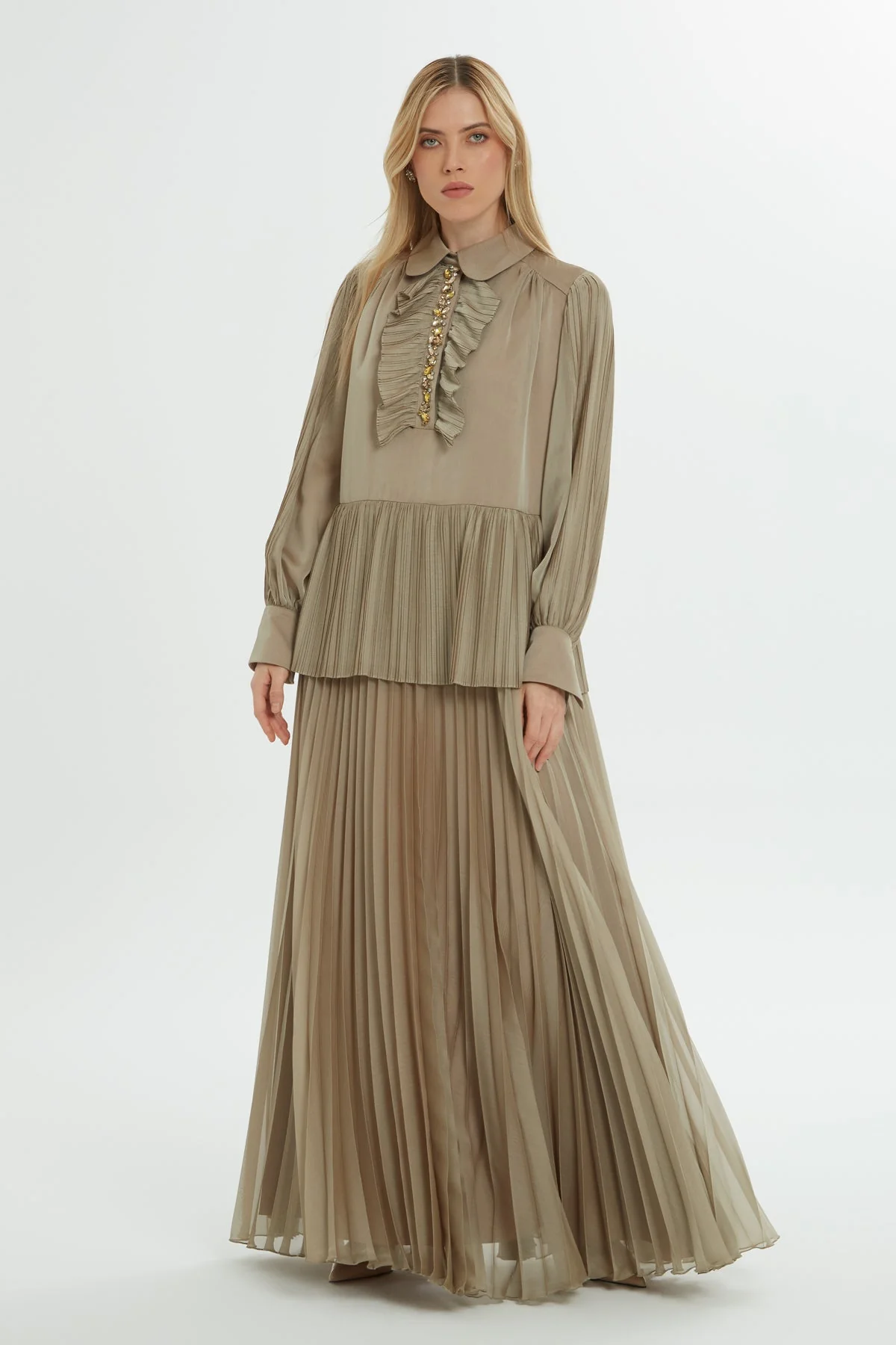 Beige Pleated Maxi Dress