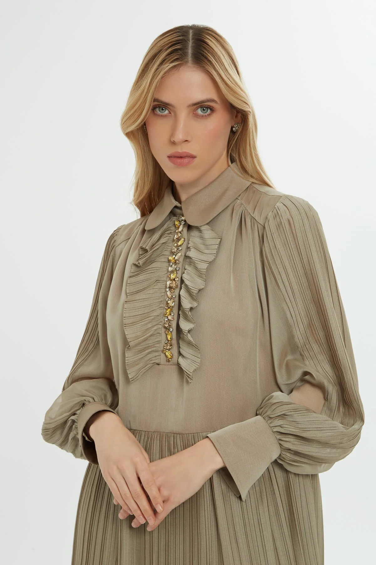 Beige Pleated Maxi Dress - Image 3