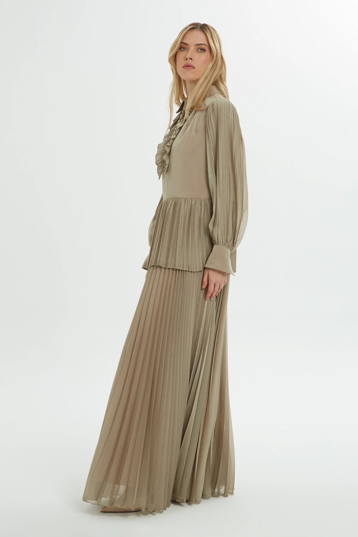 Beige Pleated Maxi Dress - Image 4