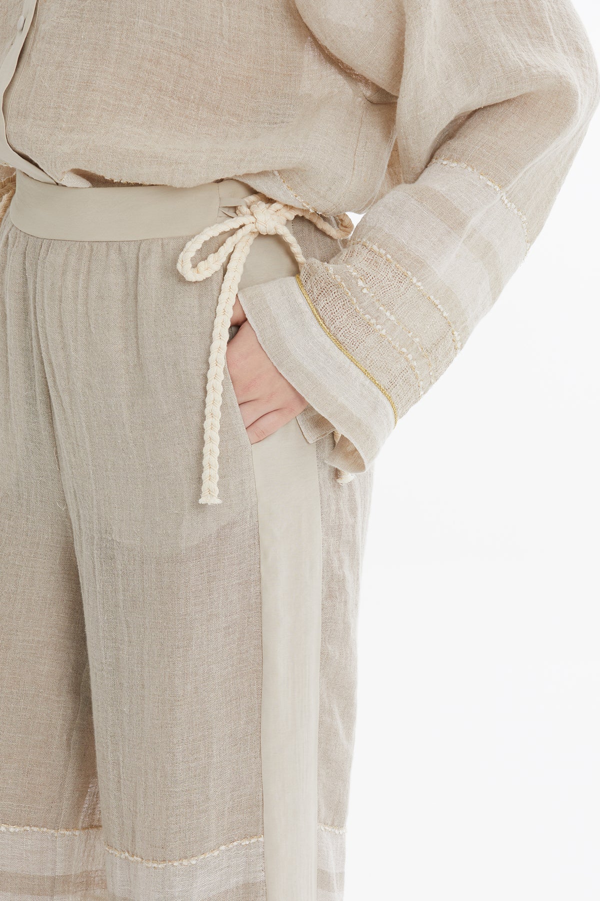 Beige Printed Linen Trousers - Image 3
