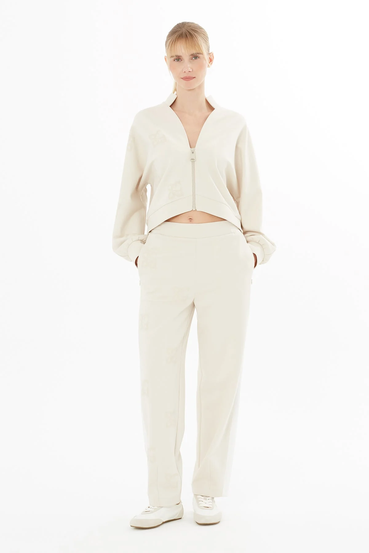 Beige Printed Wide-Leg Sweatpants