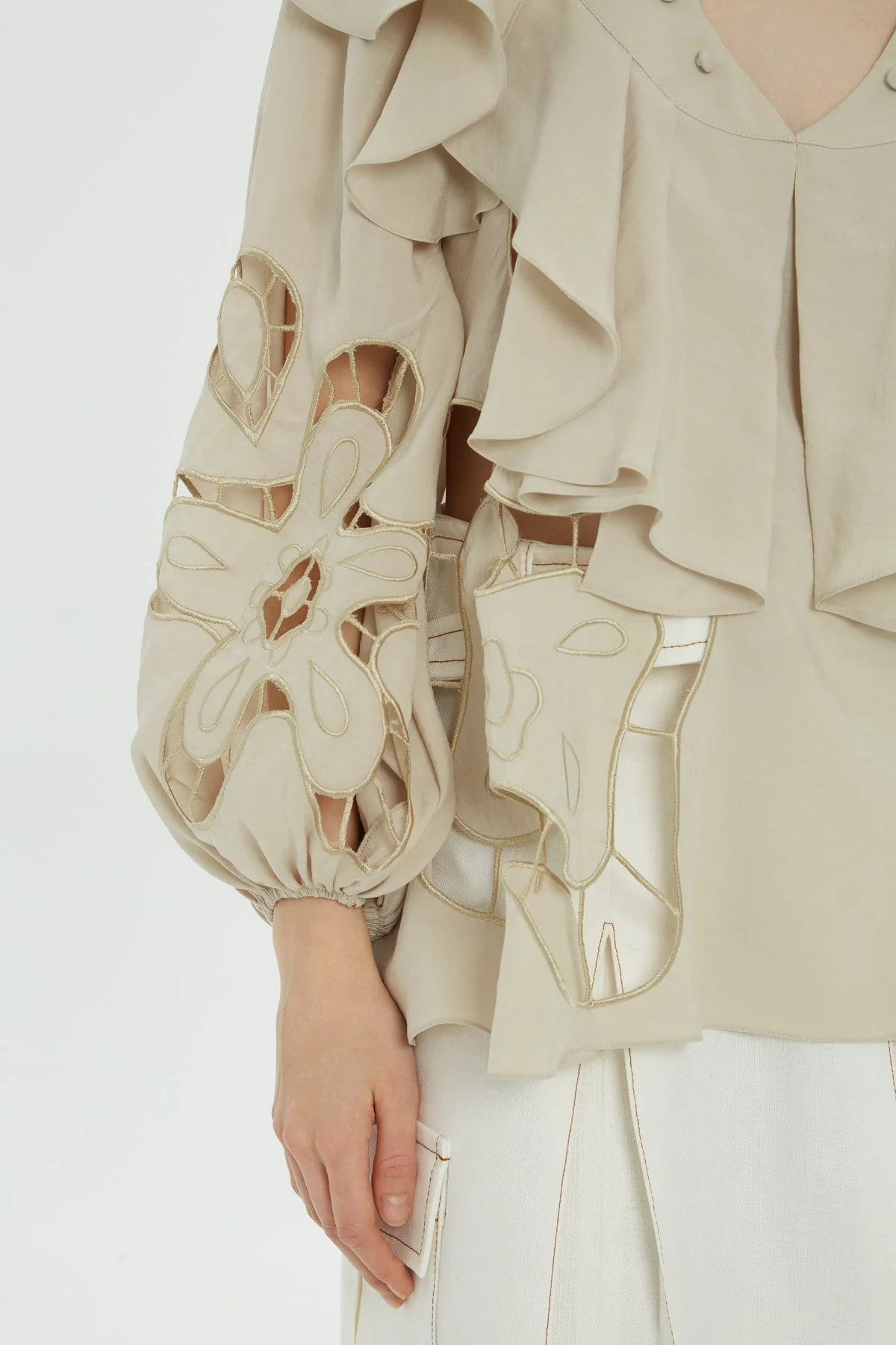 Beige Ruffle Embroidered Blouse - Image 2