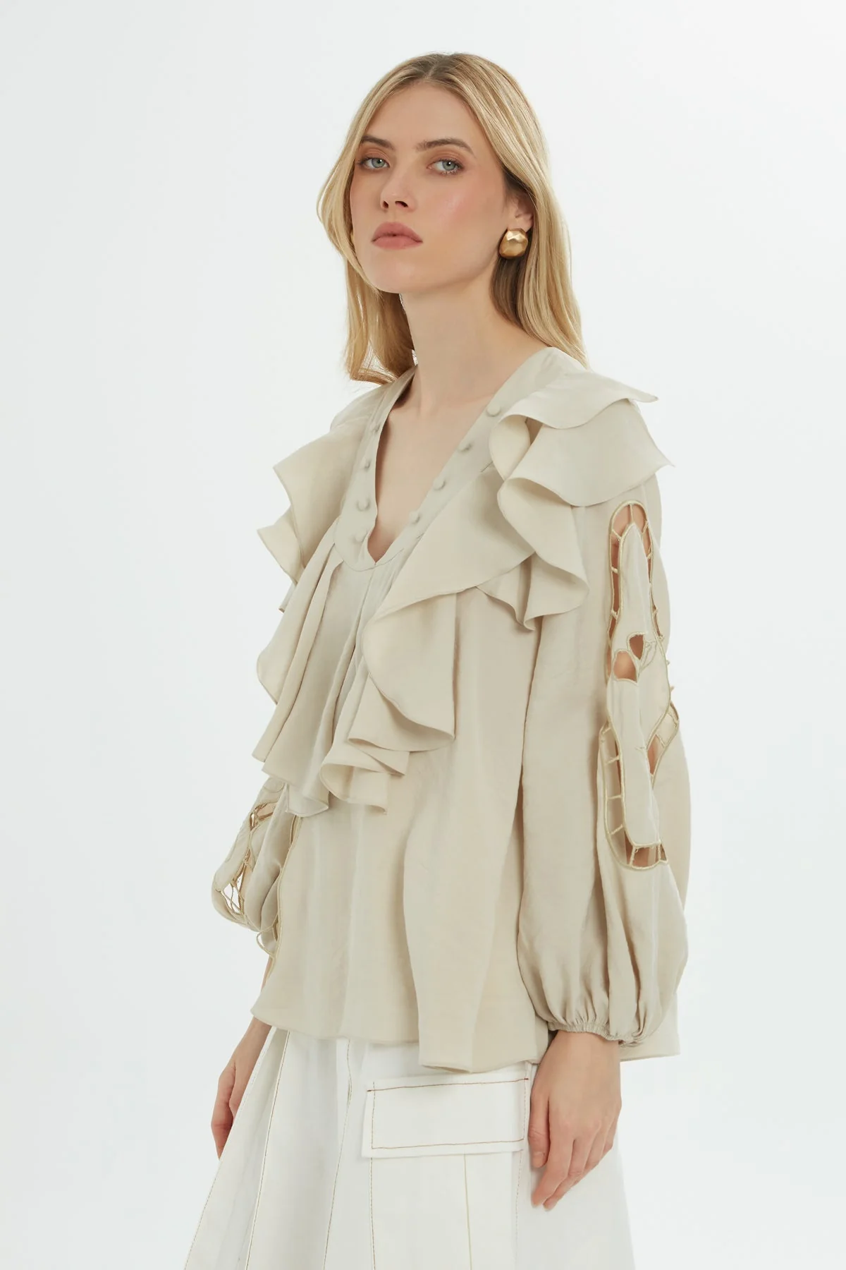 Beige Ruffle Embroidered Blouse - Image 3